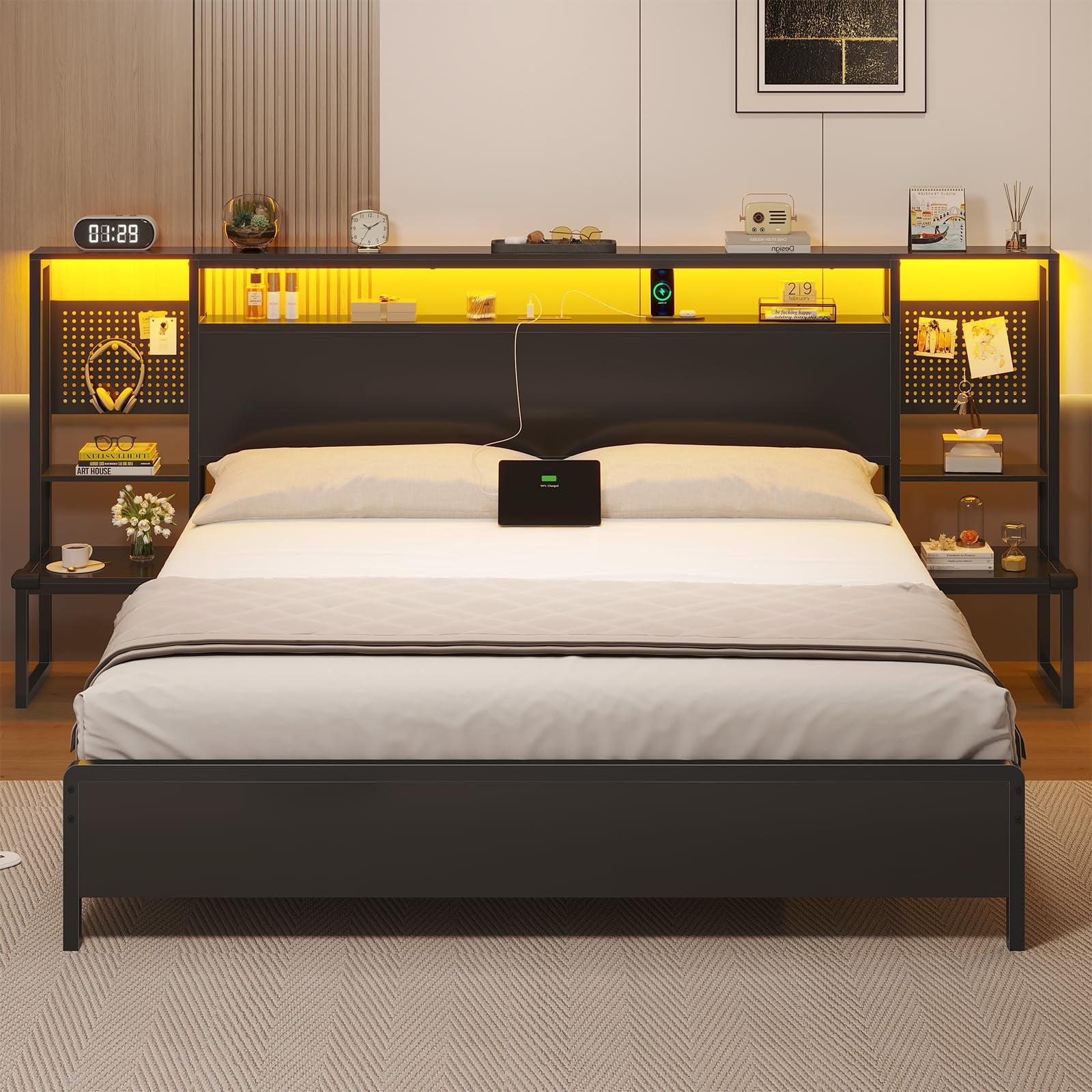 Ivy Bronx Bed Frame With Storage Headboard & Power Outlet, Metal Platform Bed With Led Lights, No Box Spring Needed, Strong Metal Slats, Noise-free, Industril Black