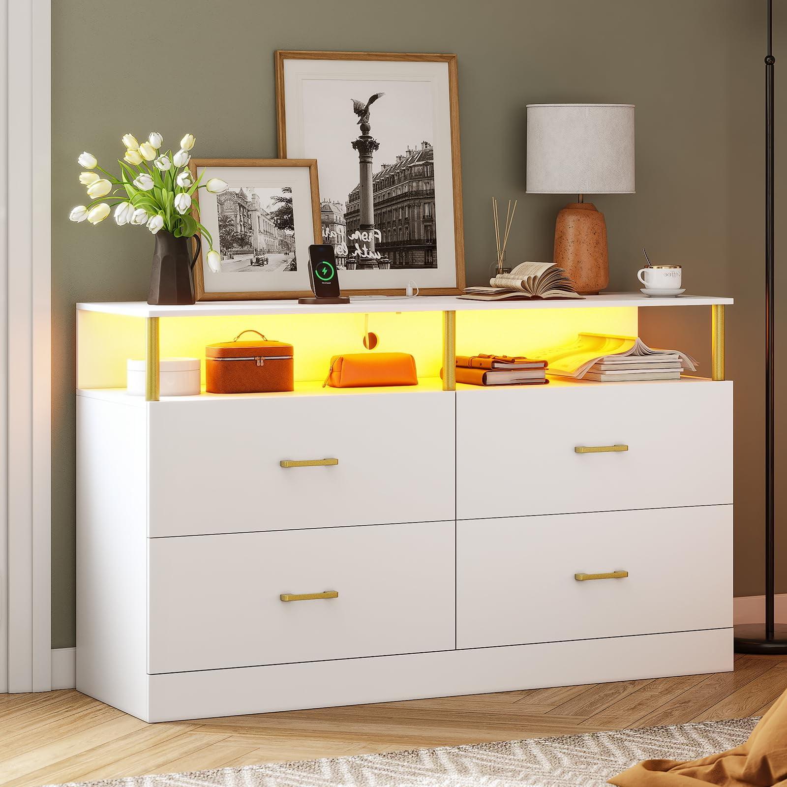 White Wood 4-Drawer Dresser with LED Lighting and Charging Station