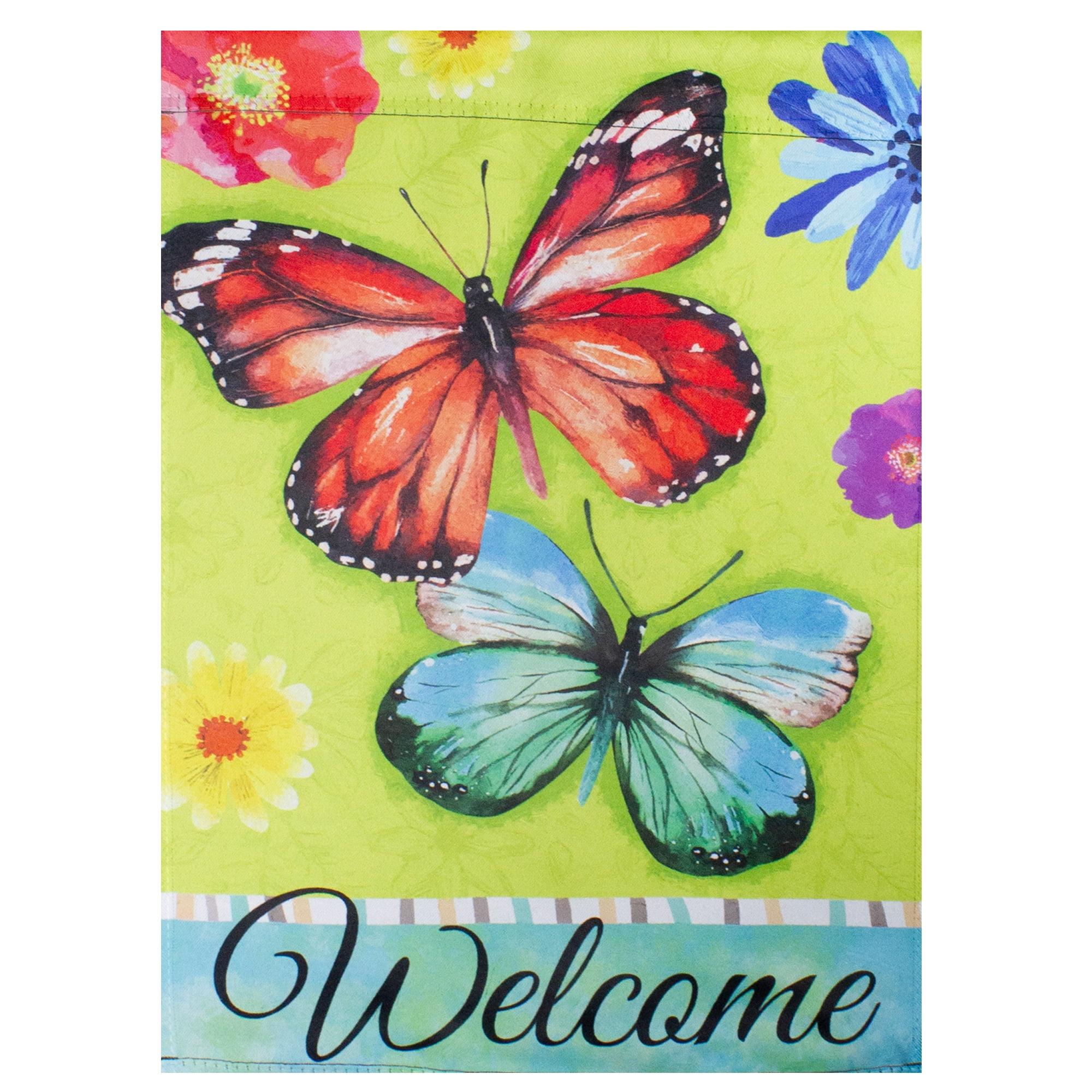 Green Polyester Welcome Butterflies Outdoor Garden Flag