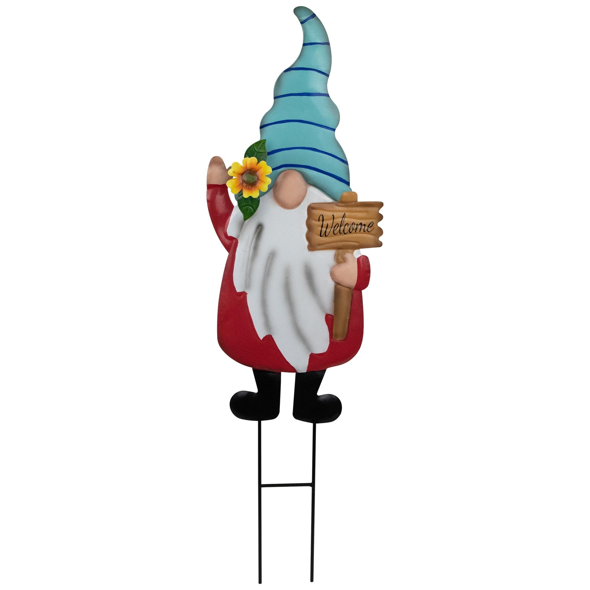 Red and Blue Welcome Gnome Garden Stake with Metal Sign