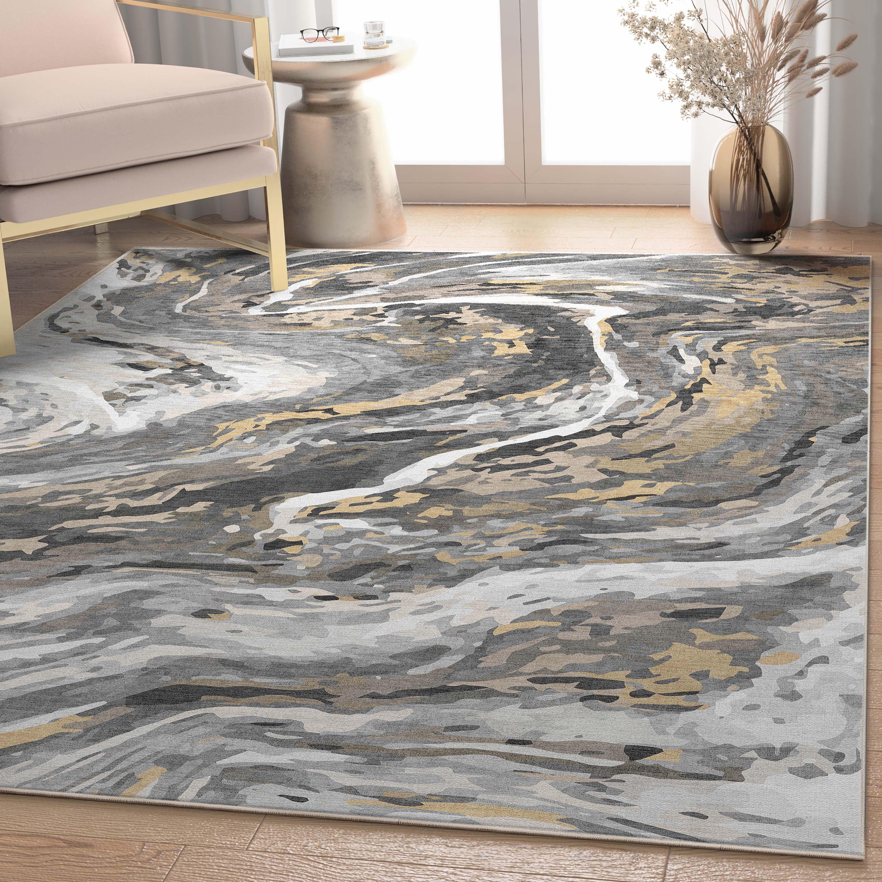 Well Woven Abstract Dunes Retro Marble Flat-Weave Gray Gold Area Rug