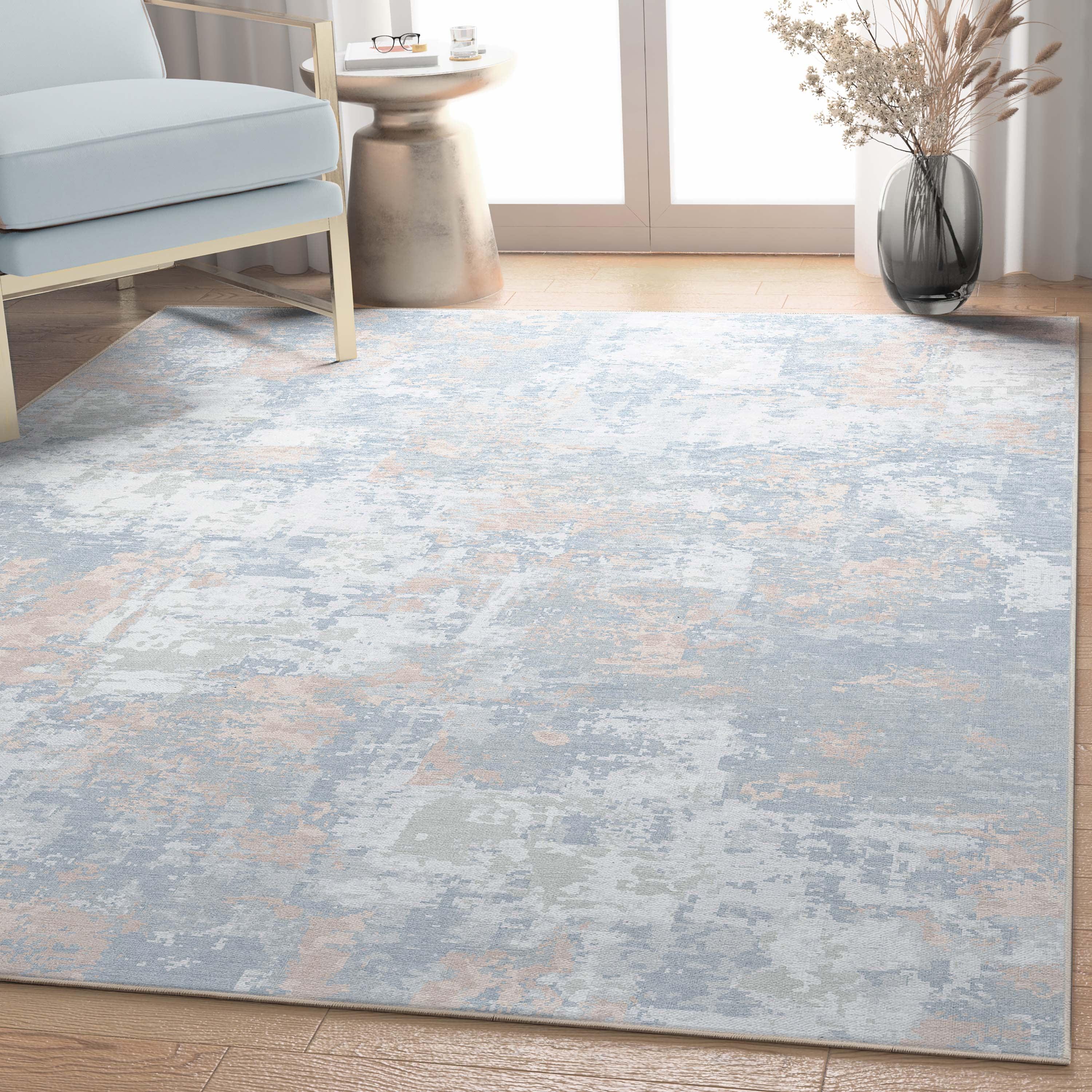 Nuzzo Marrakech Mid-Century Modern Brushstroke Flat-Weave Blue Coral Area Rug