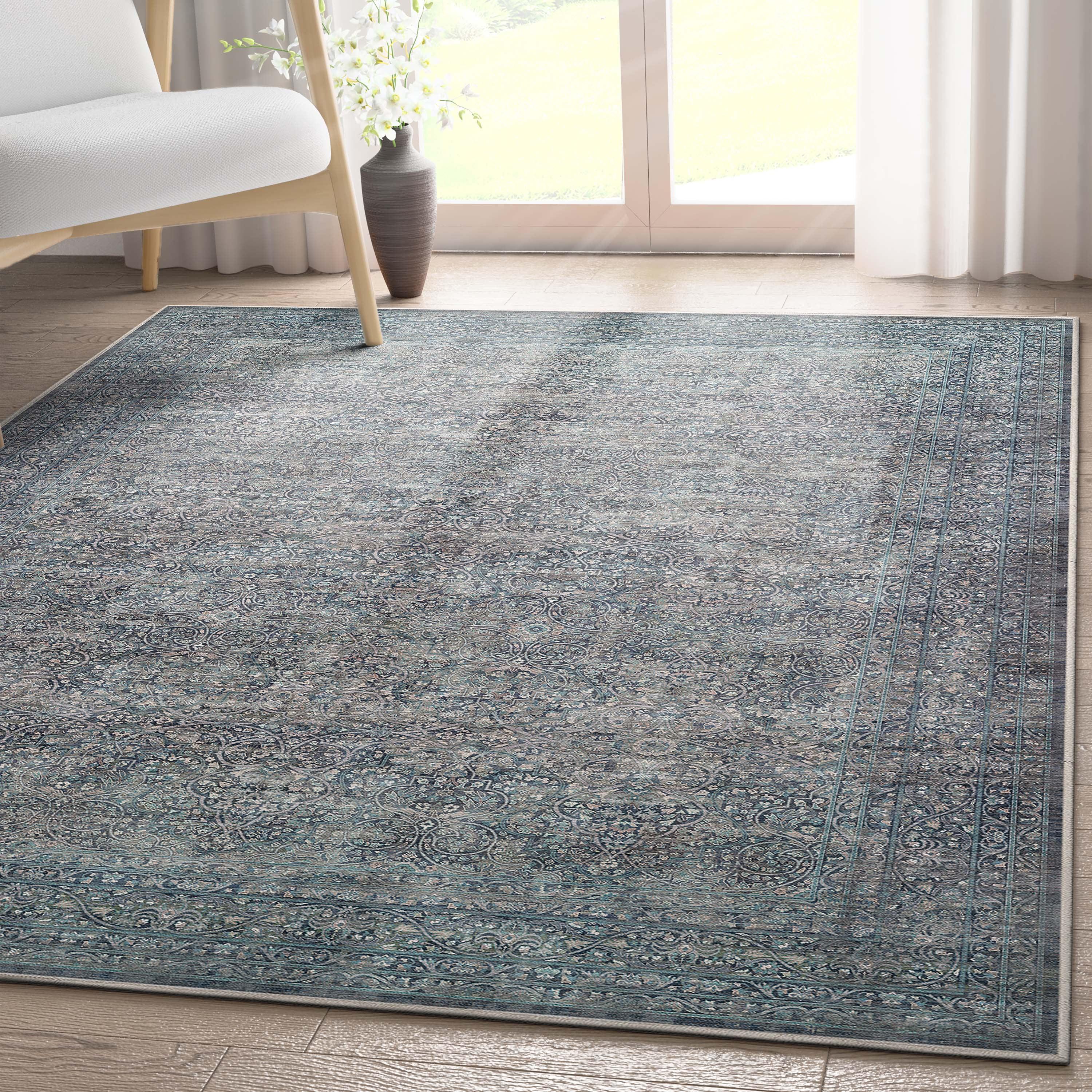 Blue Rectangular Chenille Oriental Washable Area Rug