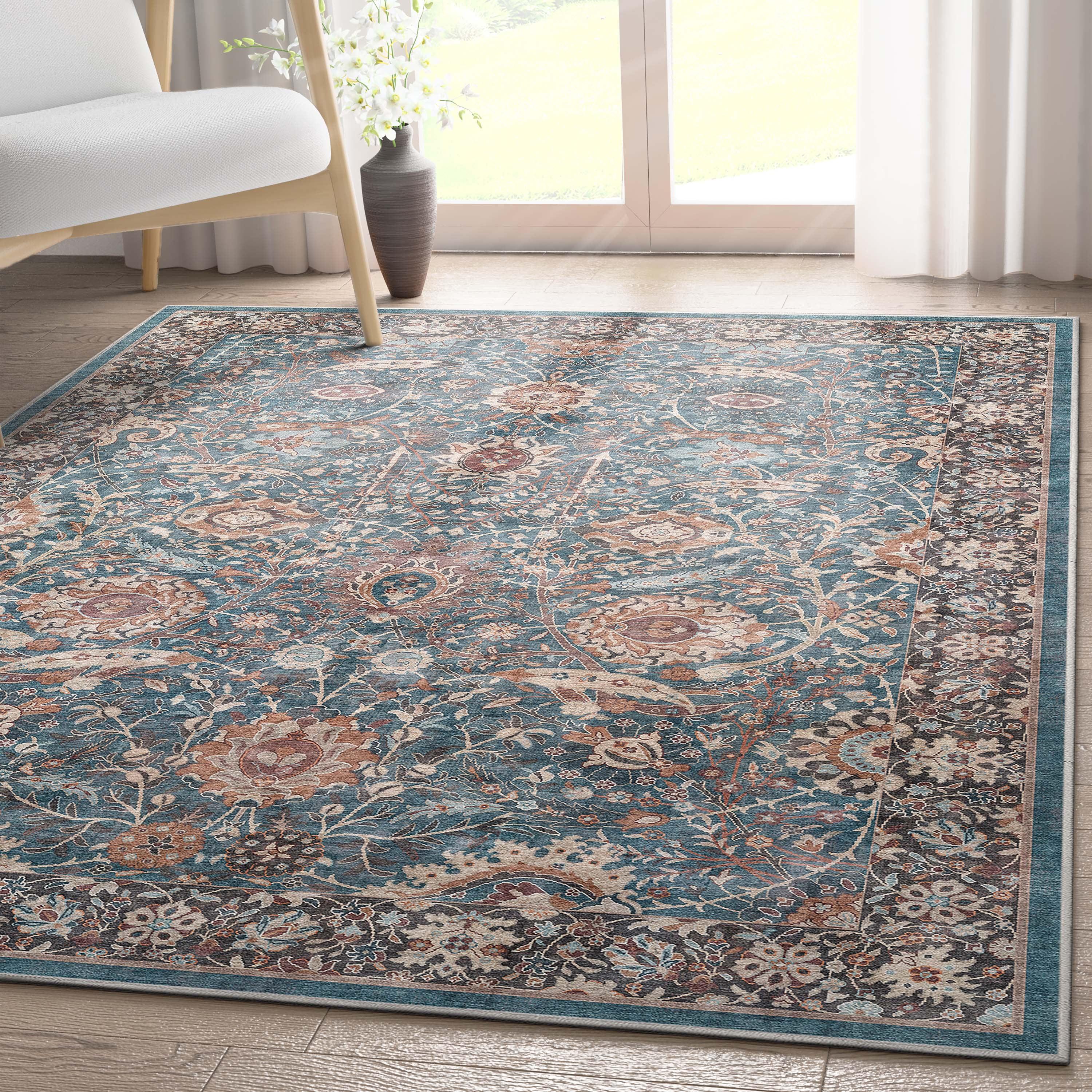 Teal Vintage Oriental Flat-Weave Washable Area Rug