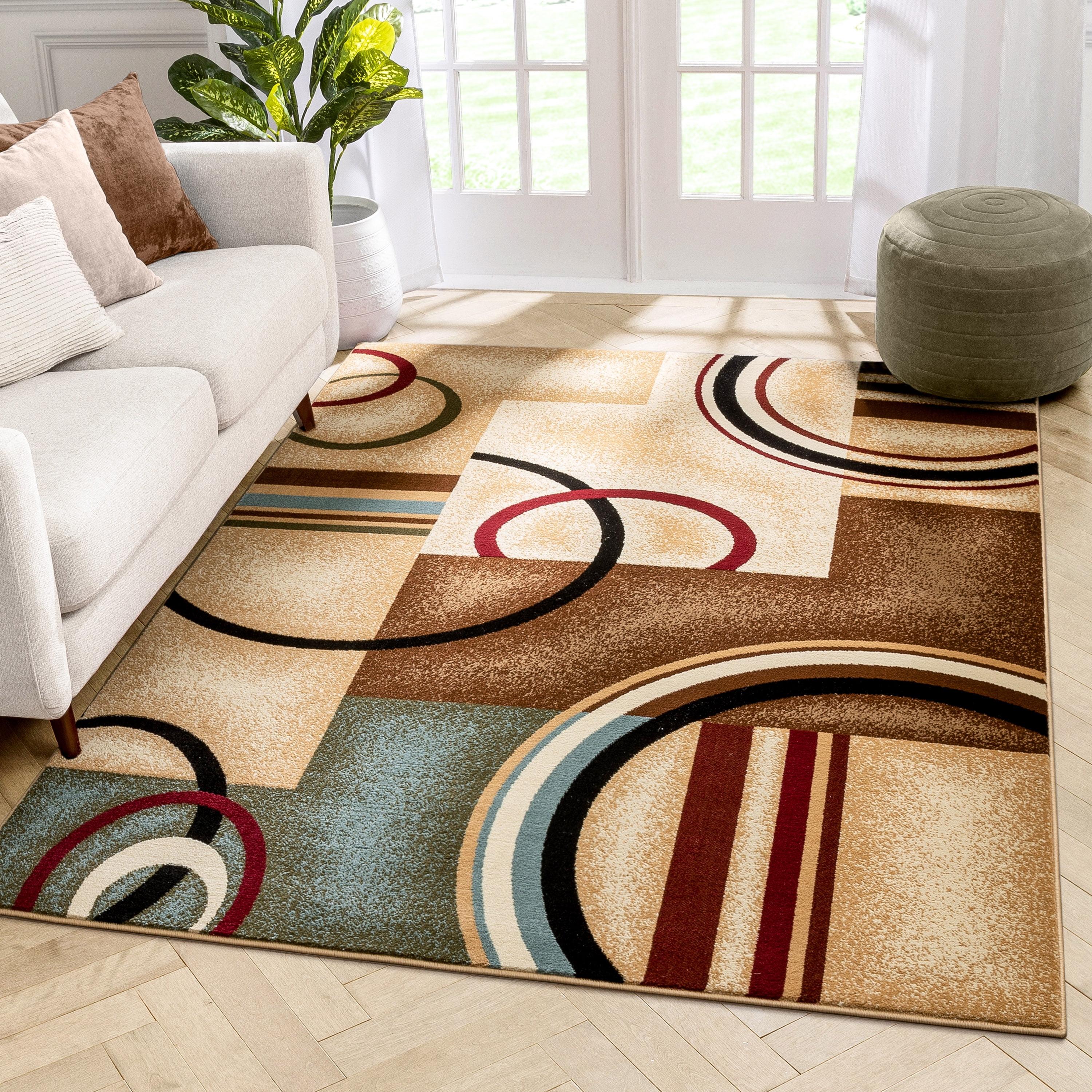 Ivory and Multicolor Geometric Pattern Synthetic Area Rug