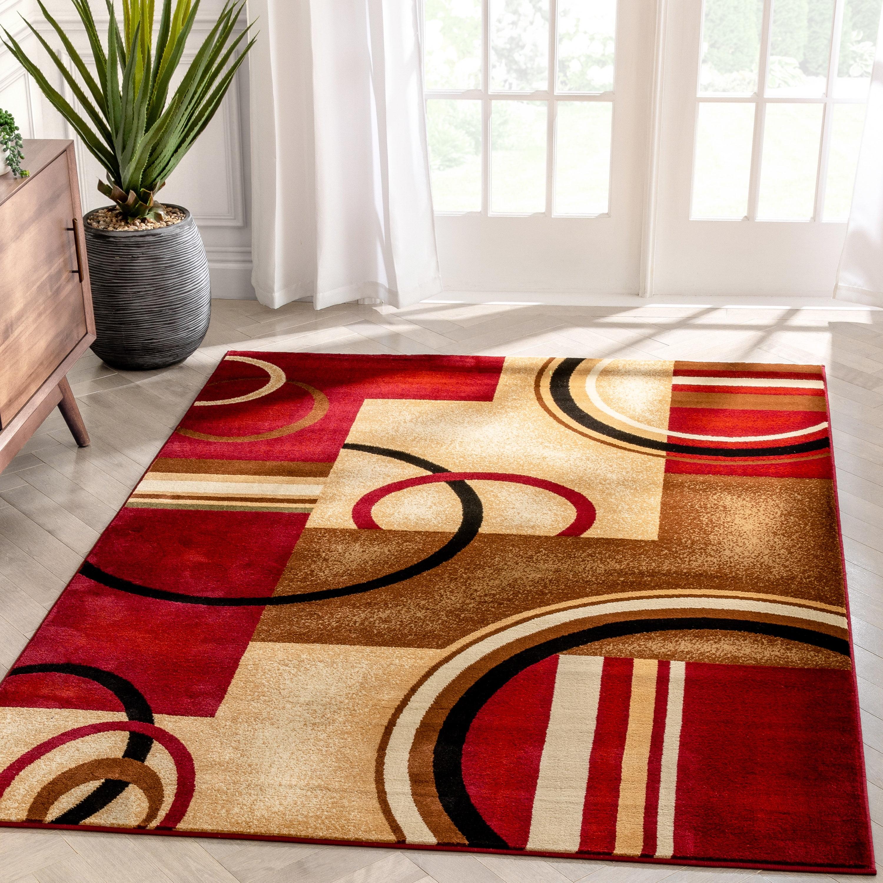 Modern Geometric Red and Beige Synthetic Area Rug 5'3" x 7'3"