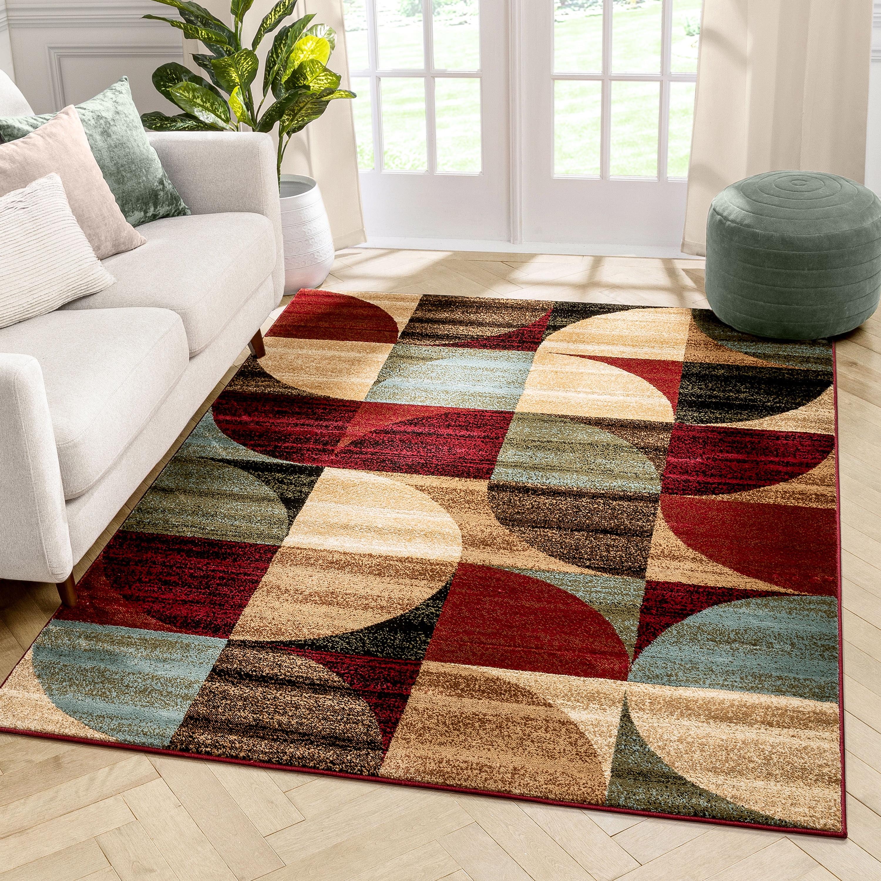 Ivory and Red Geometric Synthetic Rectangular Area Rug