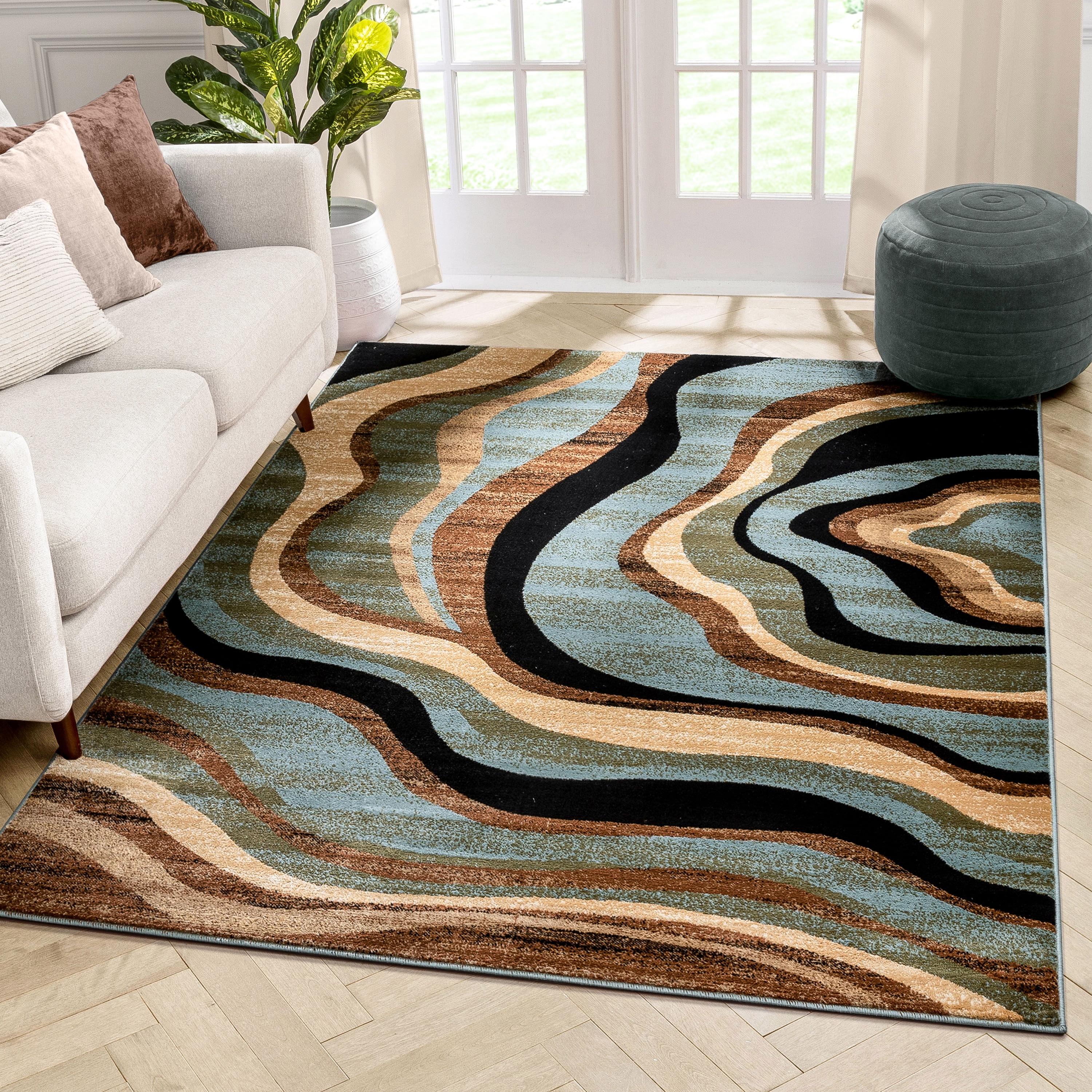 Modern Geometric Blue and Beige Rectangular Area Rug