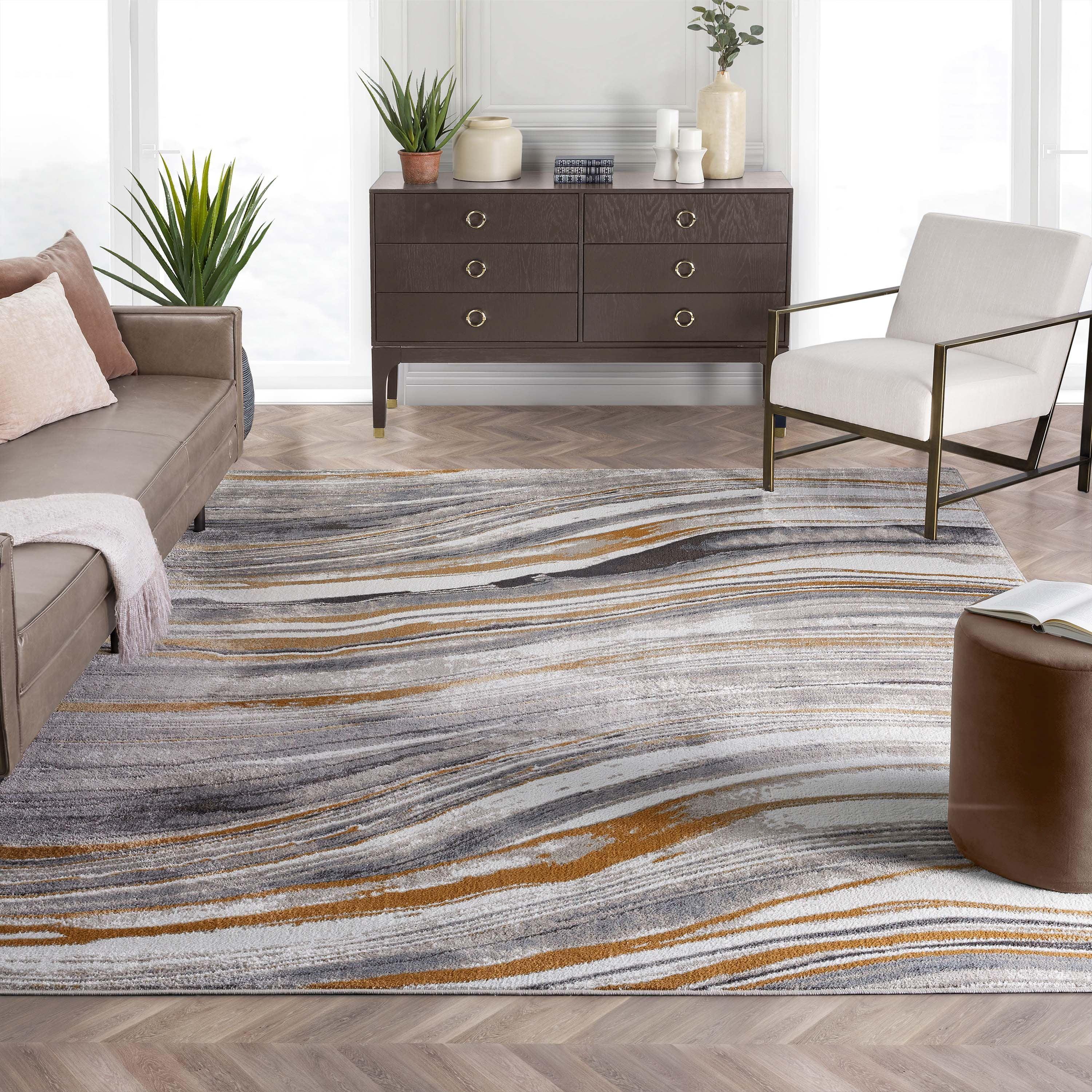 Well Woven Devin Grey Golden Rust Abstract Geometric Stripes Modern 3'11" x 5'3" Indoor Area Rug