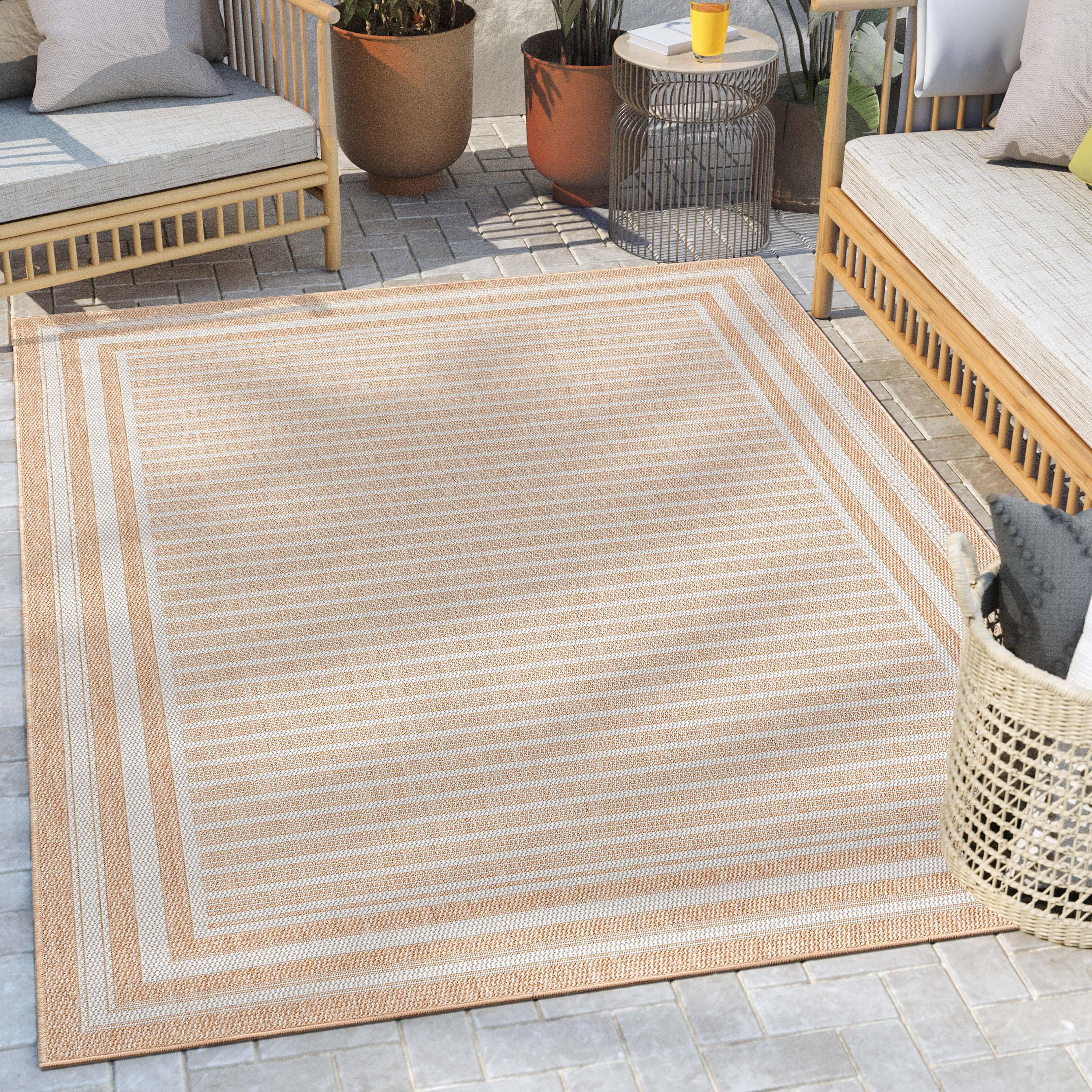 Coastal Cabin Striped Beige Synthetic 5'3" x 7'3" Indoor/Outdoor Rug