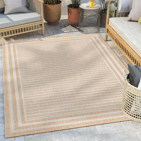 Ebern Designs Fallon Frankie Stripes Beige Hi-Lo Indoor/Outdoor Area Rug