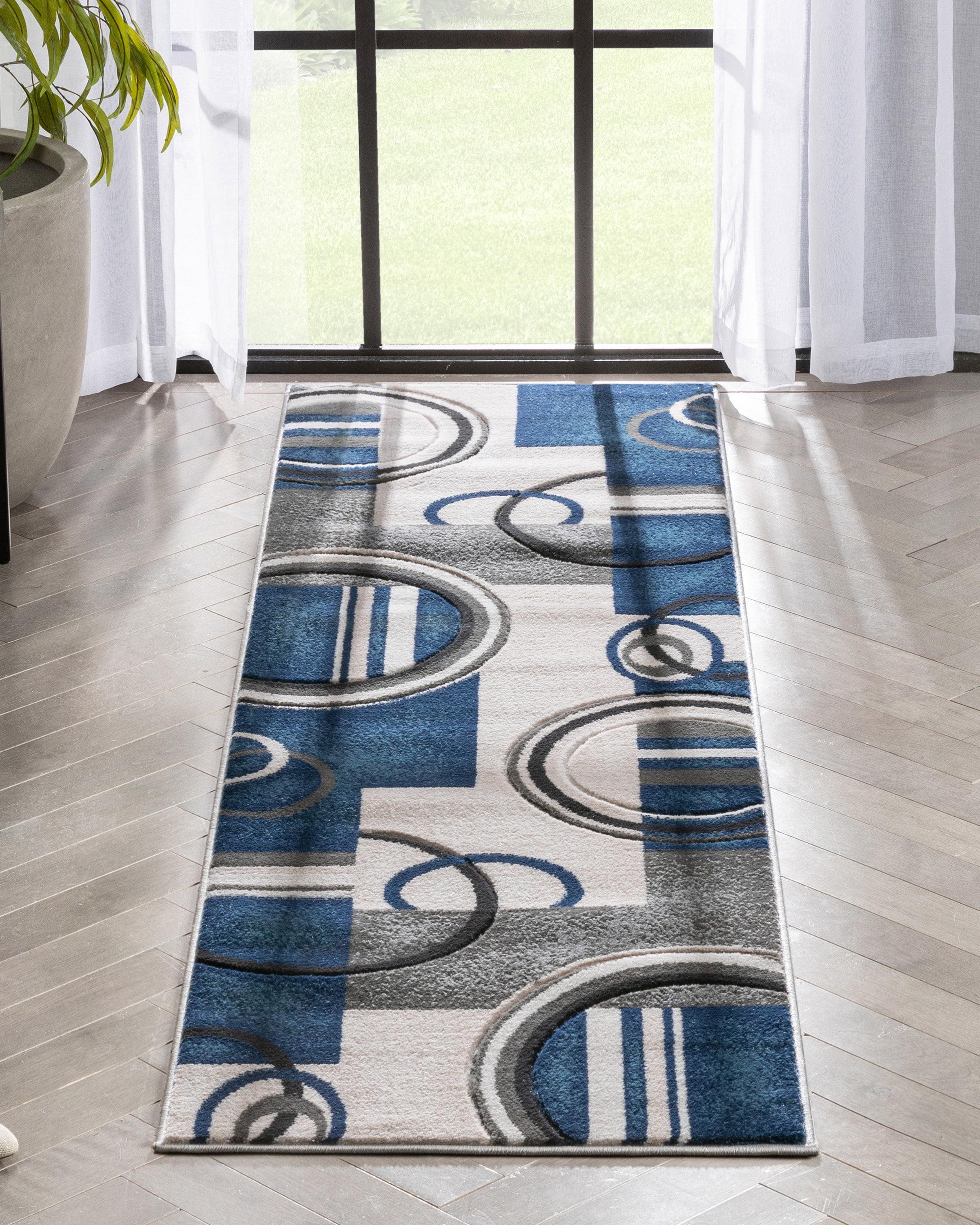 Dark Blue Geometric Synthetic Runner Rug 2'7" x 7'3"