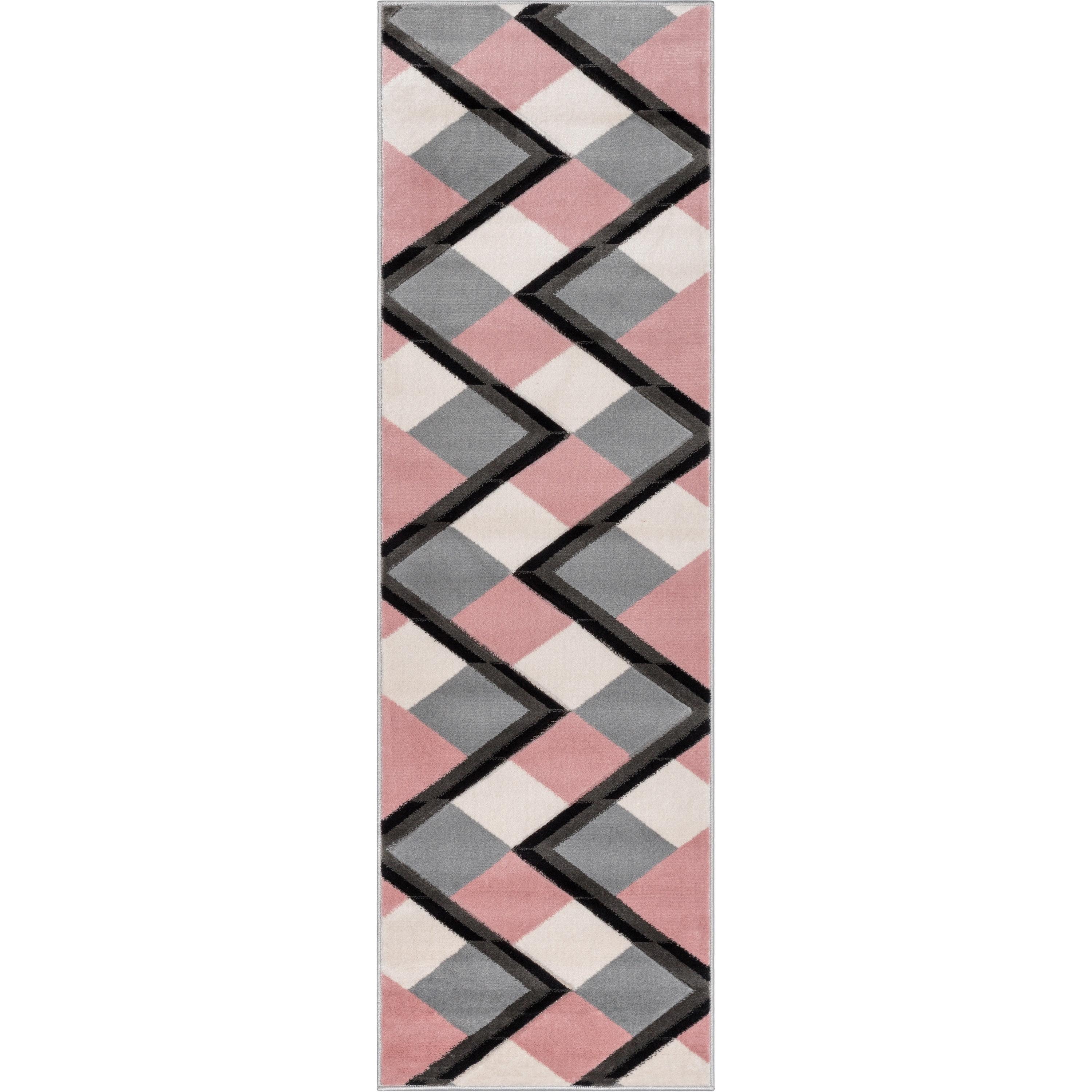 Well Woven Naya Blush Pink Modern Geometric Diamond Boxes Pattern Runner Rug (2'7" x 7'3")