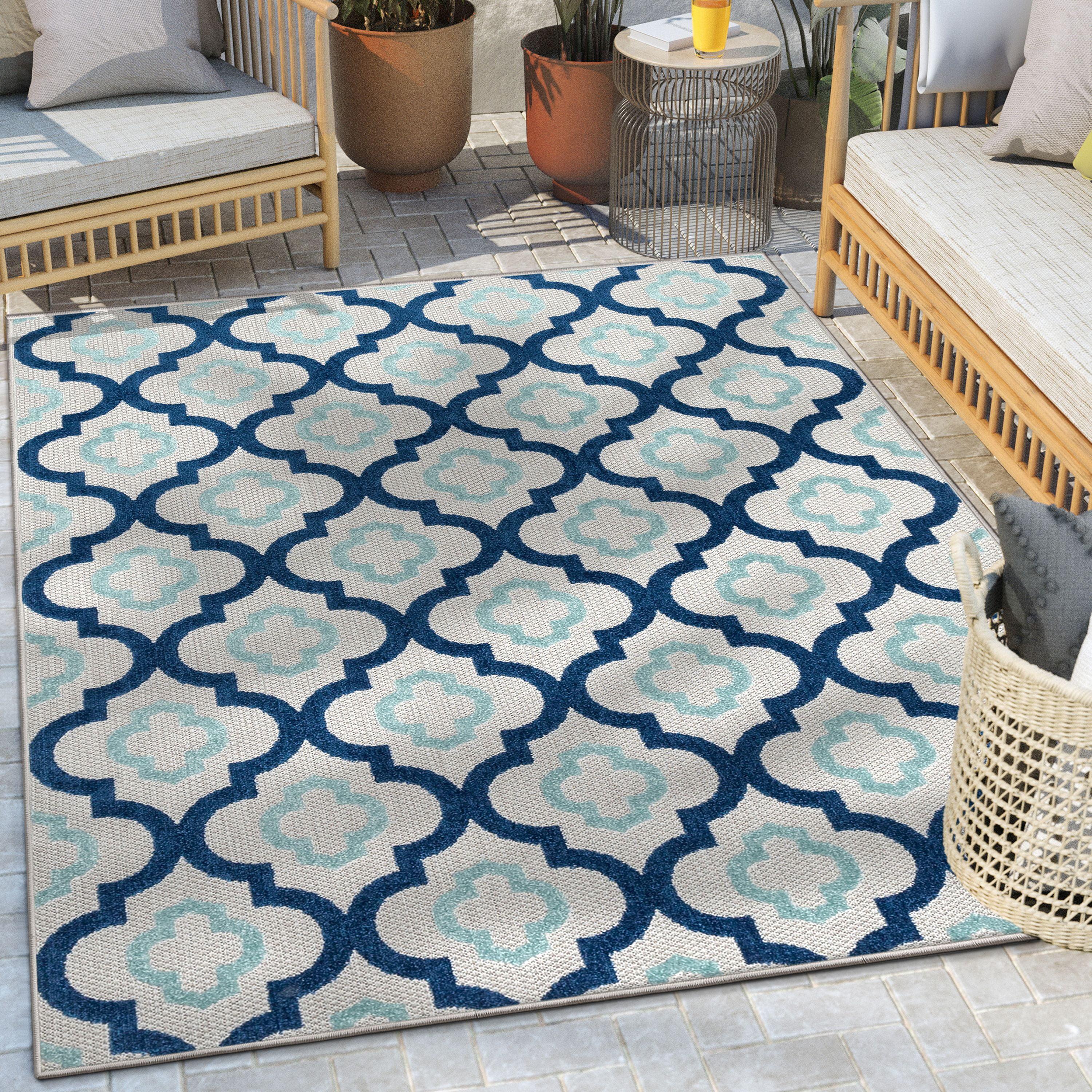 Ebern Designs Dickenson Illuminate Geometric Blue Indoor/Outdoor Hi-Lo Area Rug