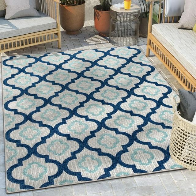 Ebern Designs Dickenson Illuminate Geometric Blue Indoor/Outdoor Hi-Lo Area Rug