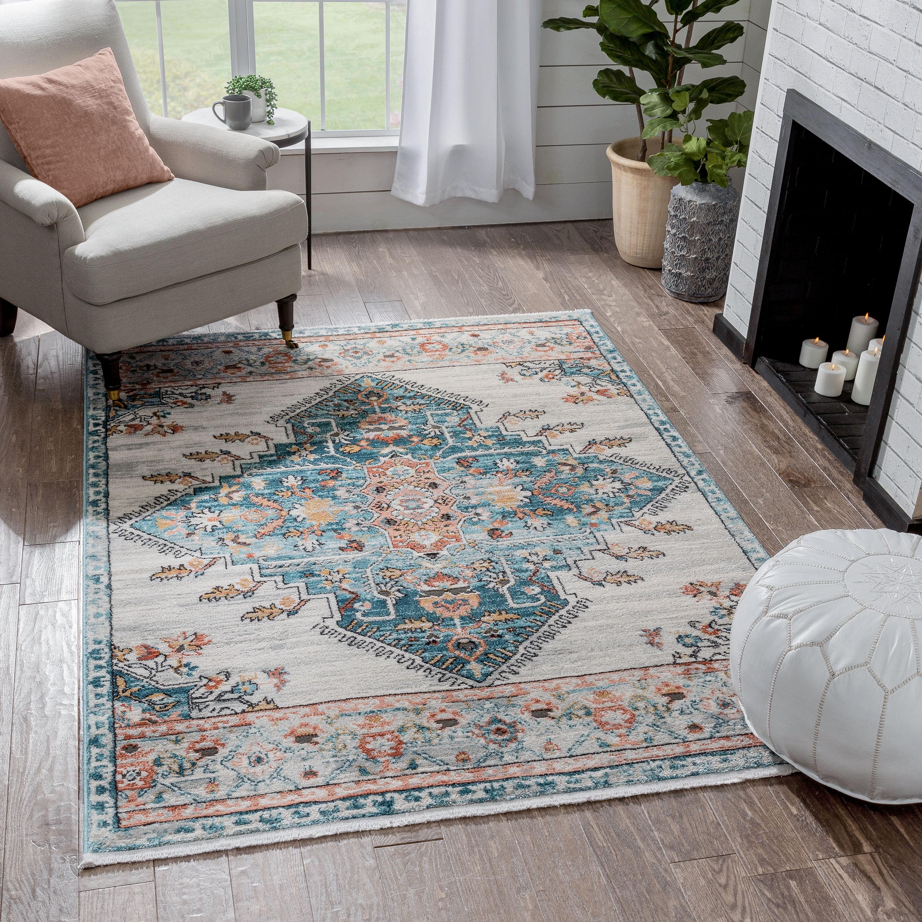 Oriental Blue Synthetic 5' x 7' Easy-Care Stain-Resistant Area Rug