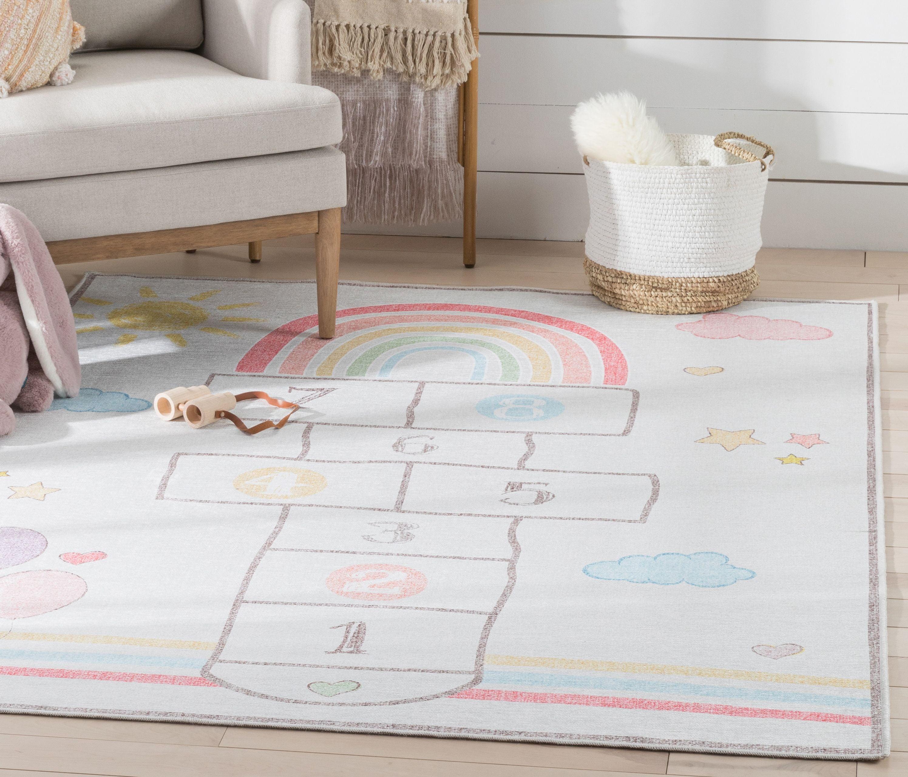 Well Woven Kids Rugs Hopscotch Rainbow Modern Multi Beige Area Rug