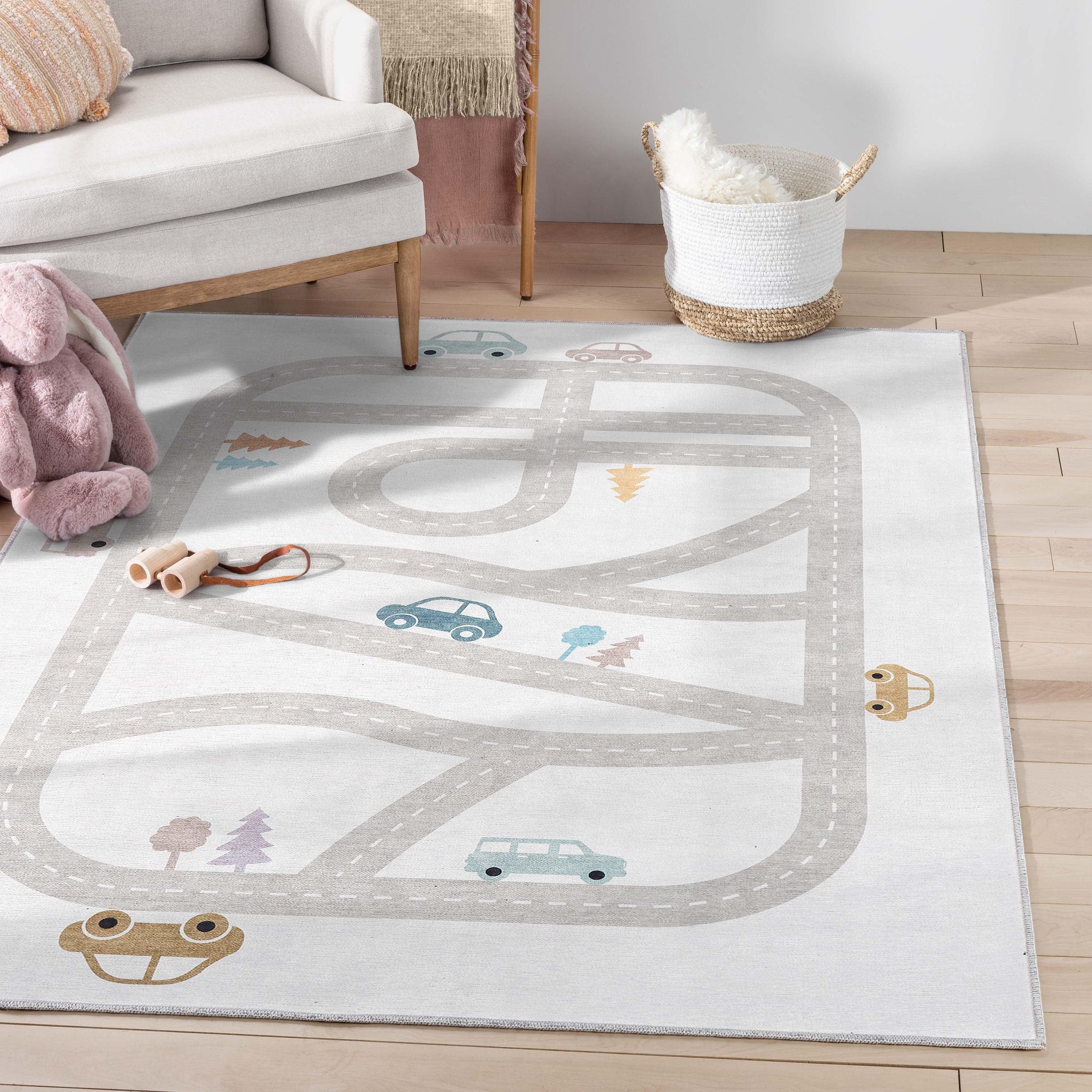 Gray Chenille Kids Playmat Road Traffic 5' x 7' Rug