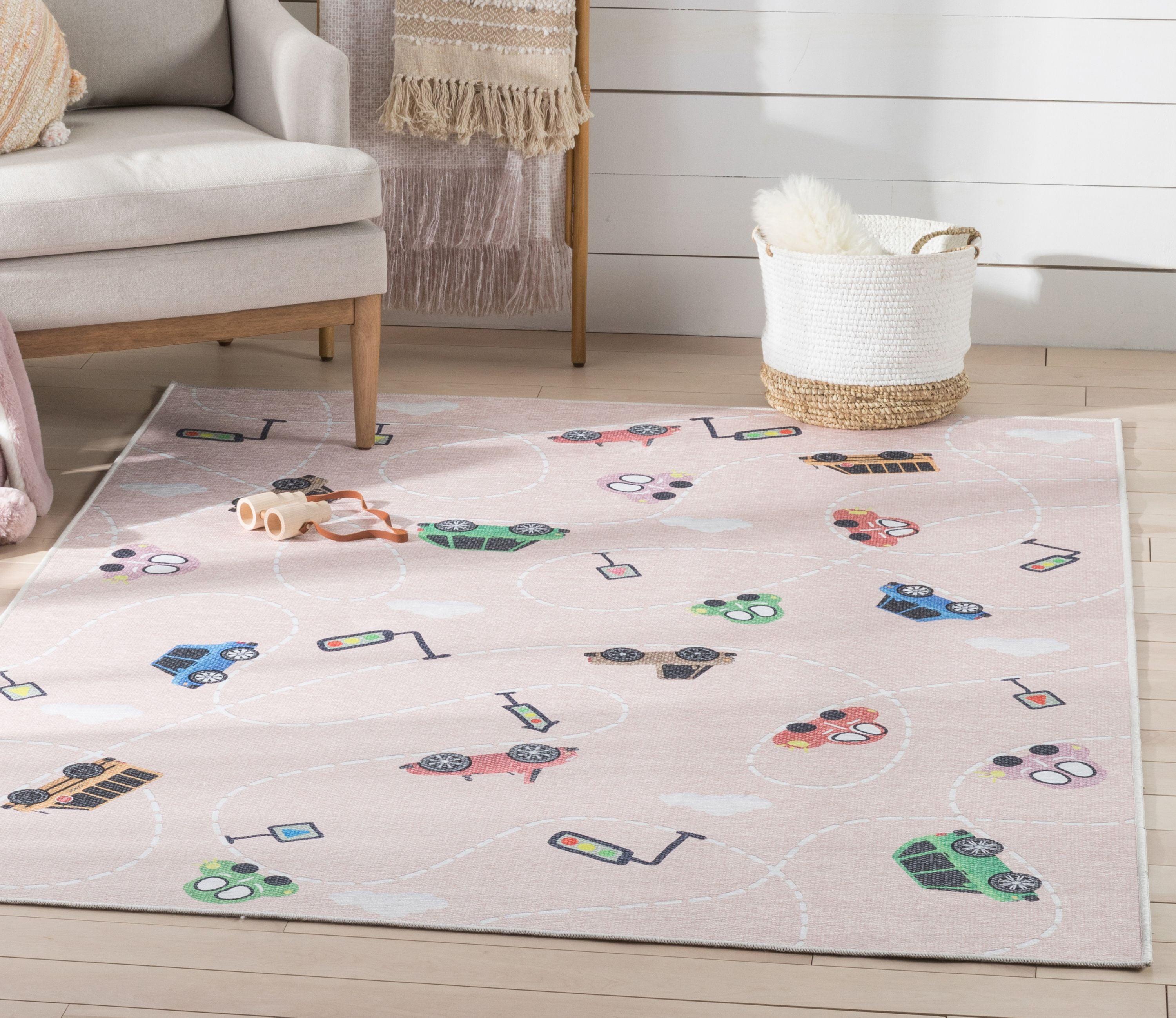 Blush Traffic Pattern Kids Washable Chenille Area Rug