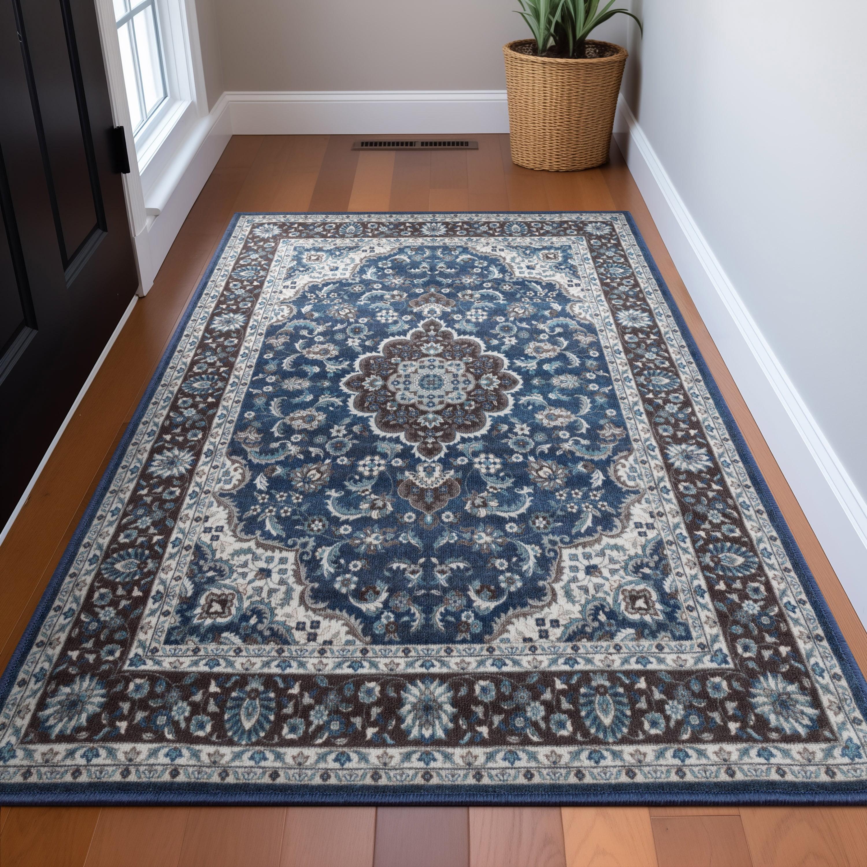 Kings Court Blue Synthetic Non-Slip Washable Area Rug 3'3" x 4'7"