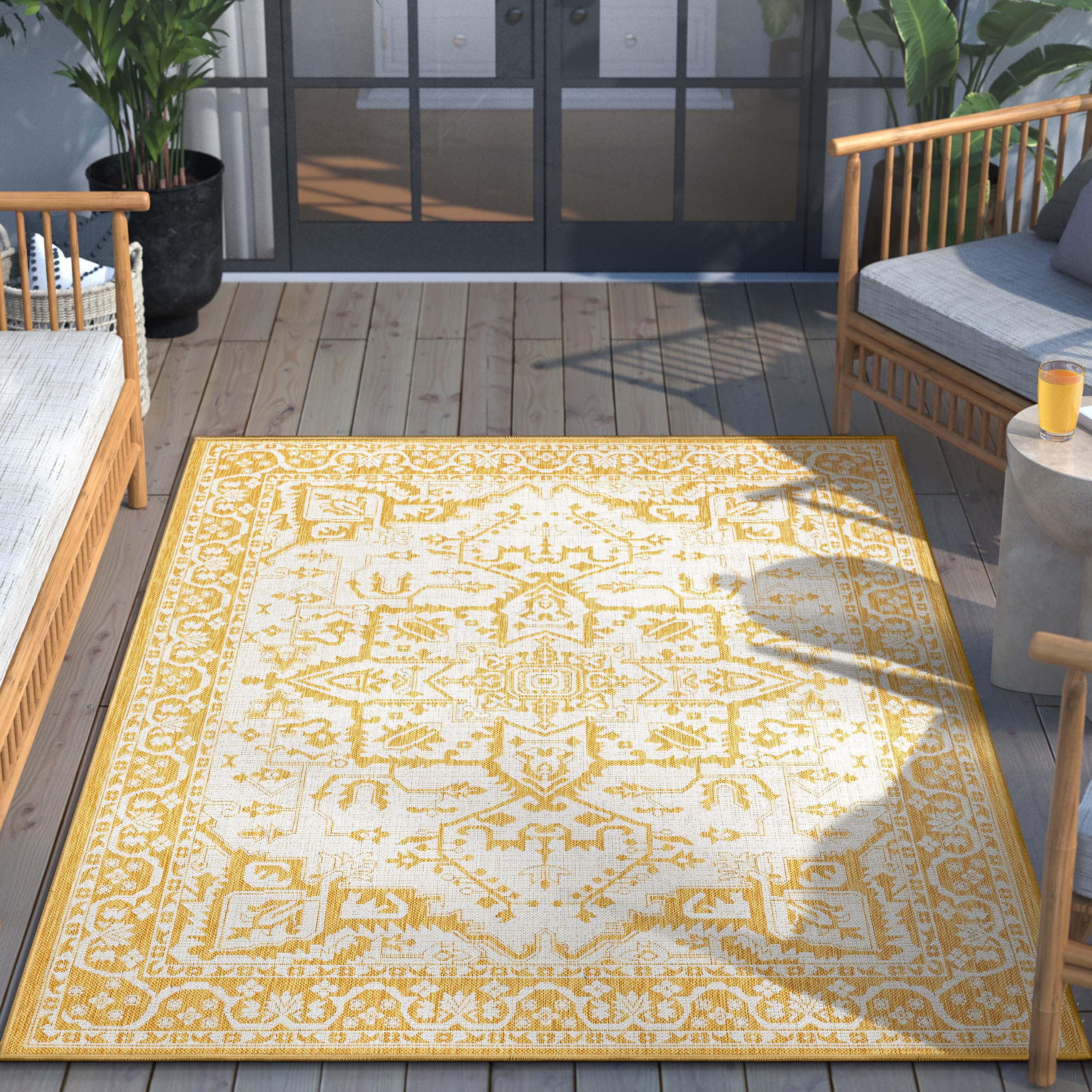 Sunny Oriental Bliss 8' x 10' Yellow Synthetic Area Rug