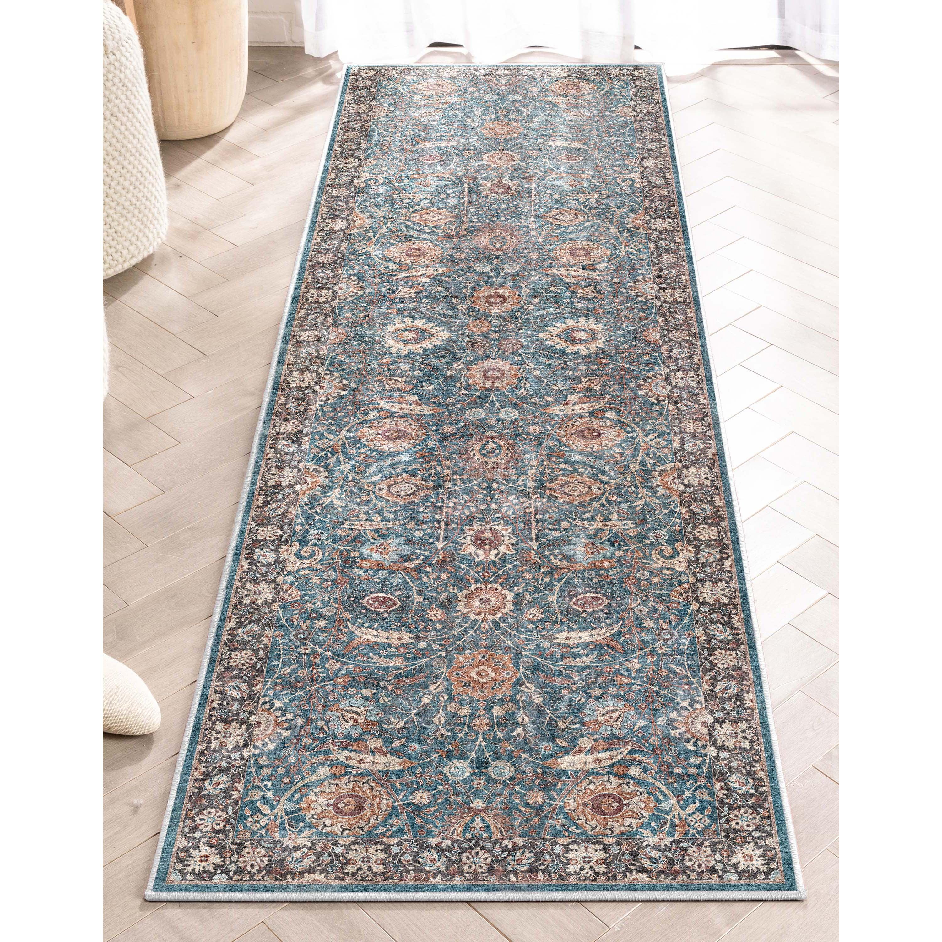 Teal and Beige Oriental Flat Woven Runner Rug