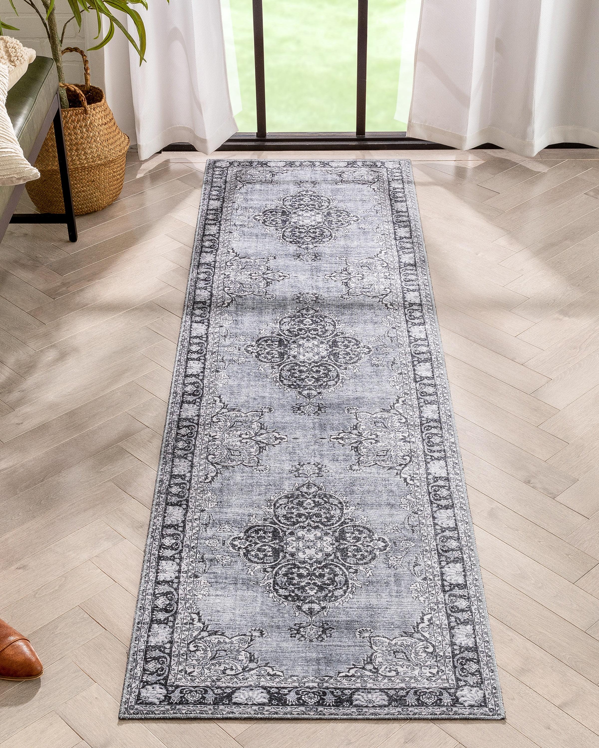 Elegant Grey Medallion Synthetic 2'1" x 7'3" Machine Washable Runner Rug