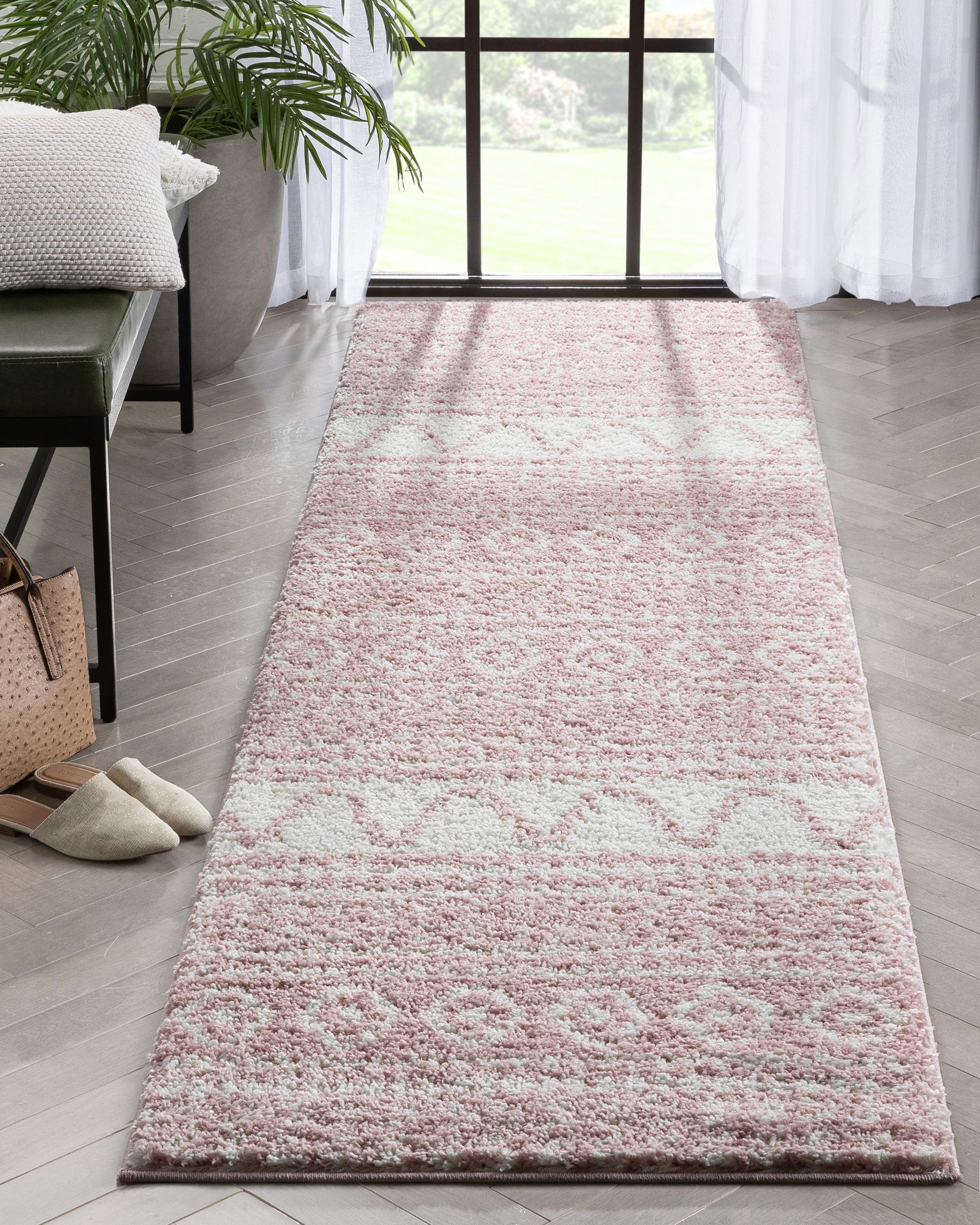 Well Woven Diamond Stripes Shag Blush Cozy 1" Thick 2'7" x 9'10" Runner Pink Area Rug