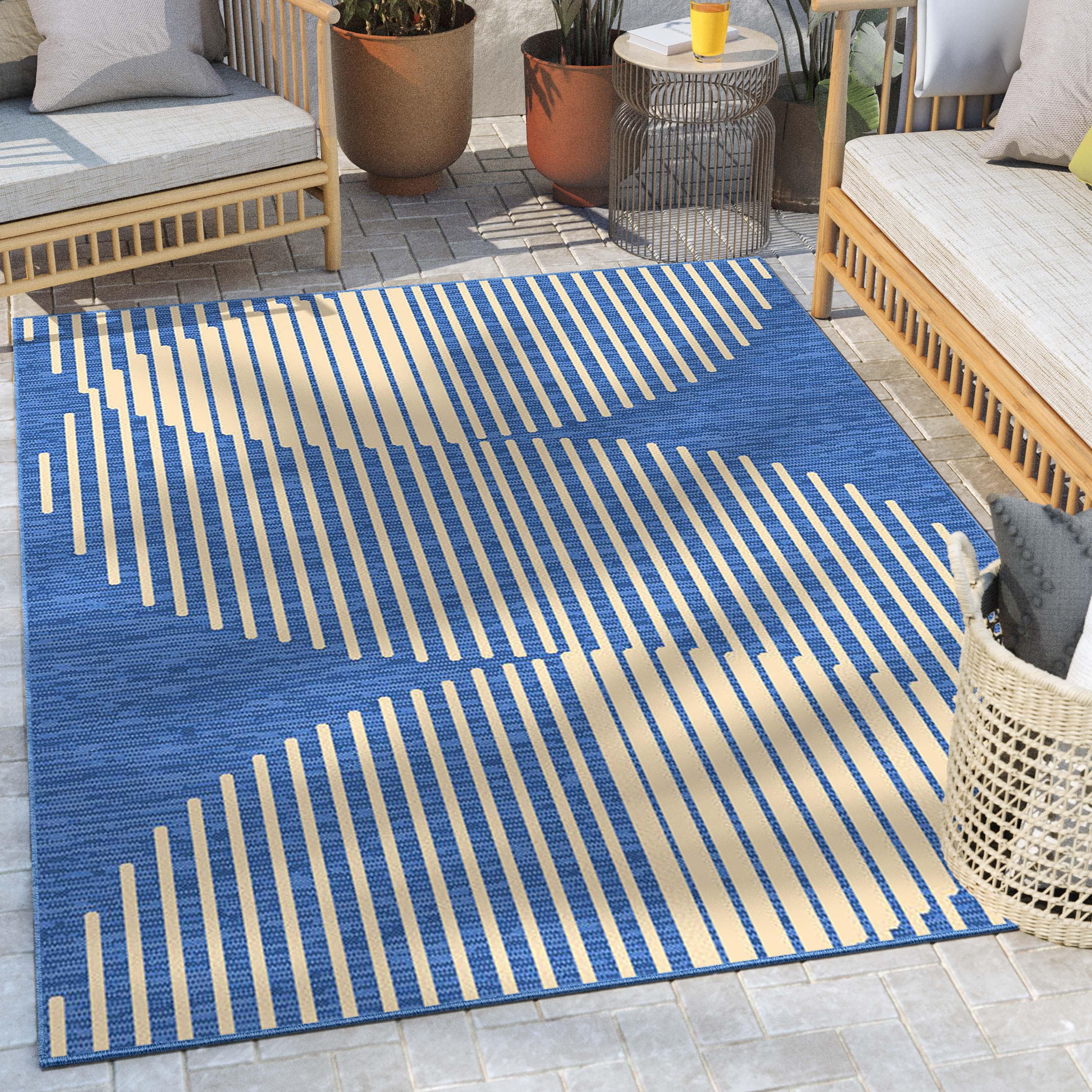 Medusa Well Woven Alder Modern Stripes Indoor/Outdoor Blue Flat-Weave Rug