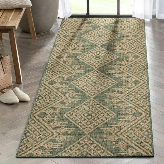 Well Woven Cascade Diamond Pattern Indoor/Outdoor Green Flat-Weave Rug