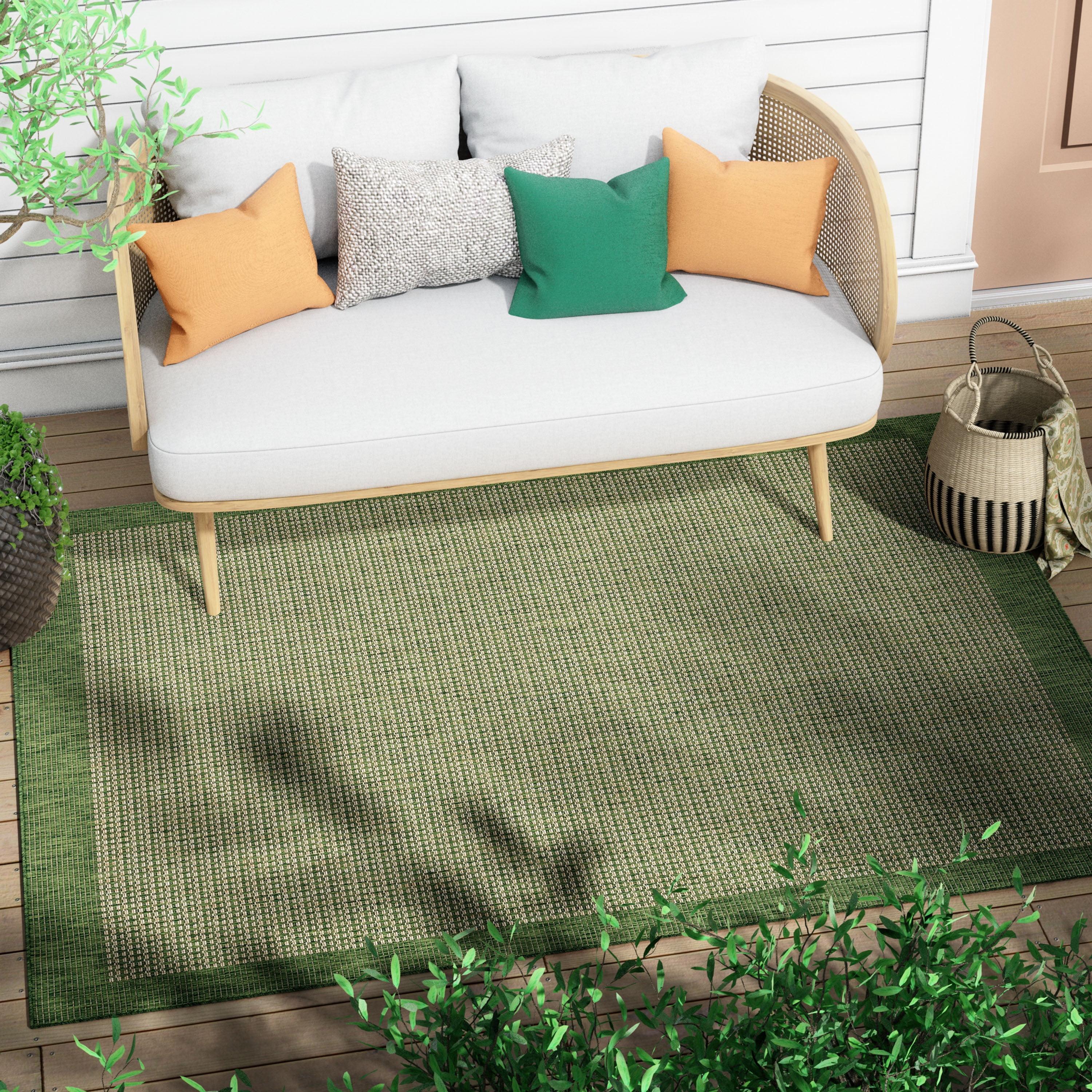 Marshanna Odin Solid Striped Border Indoor Outdoor Green Flatweave Rug