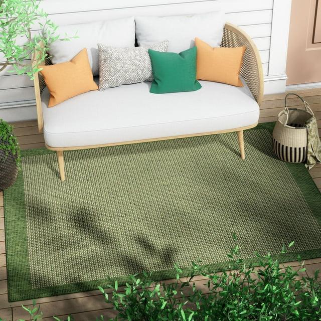 Marshanna Odin Solid Striped Border Indoor Outdoor Green Flatweave Rug