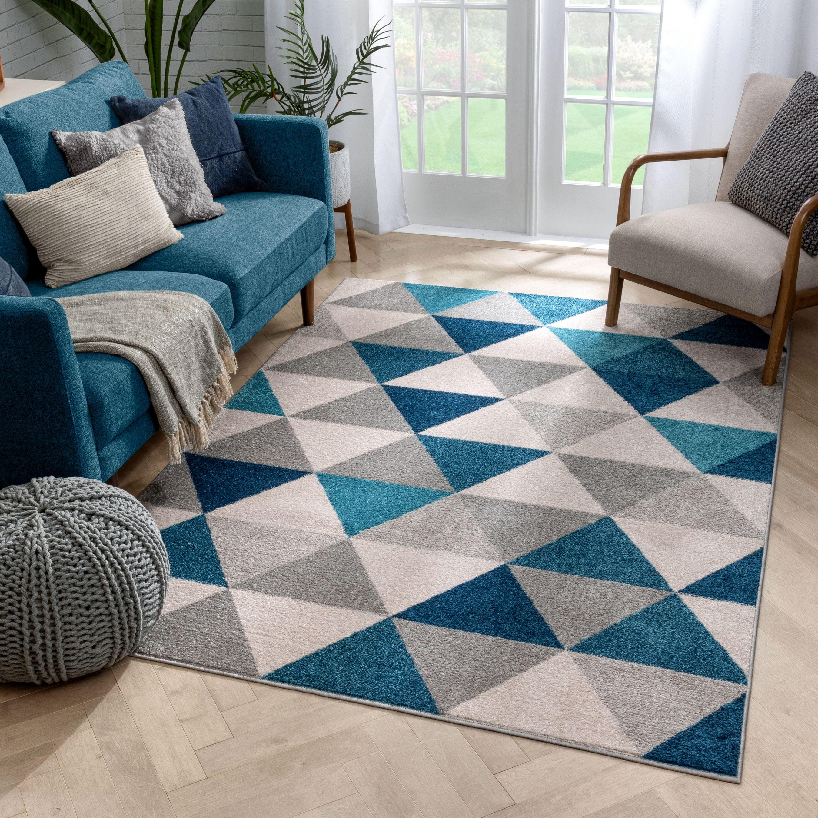 Modern Geometric Blue Synthetic 5' x 7' Easy-Care Area Rug