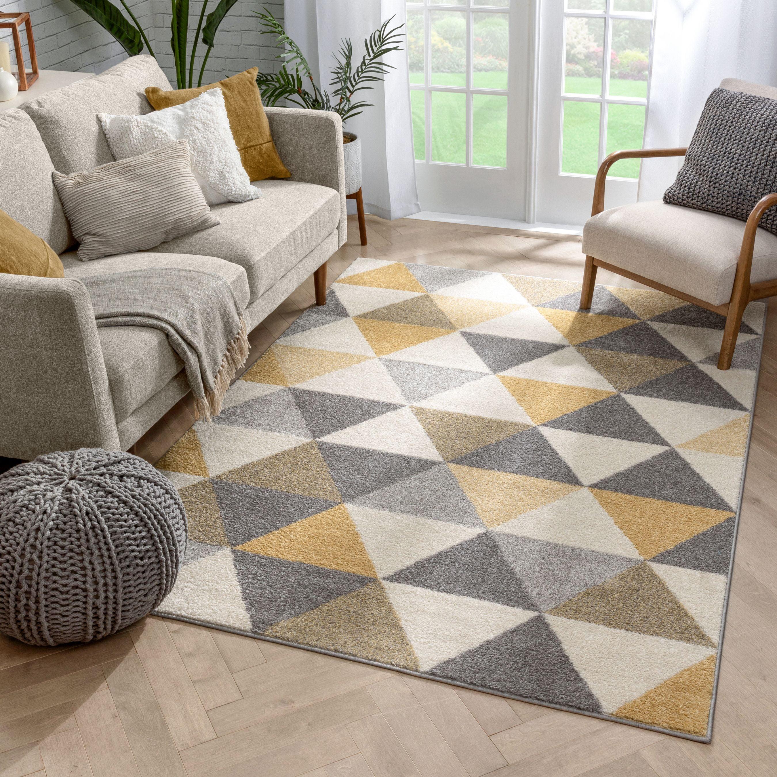 Gold and Gray Geometric Triangle Pattern Area Rug