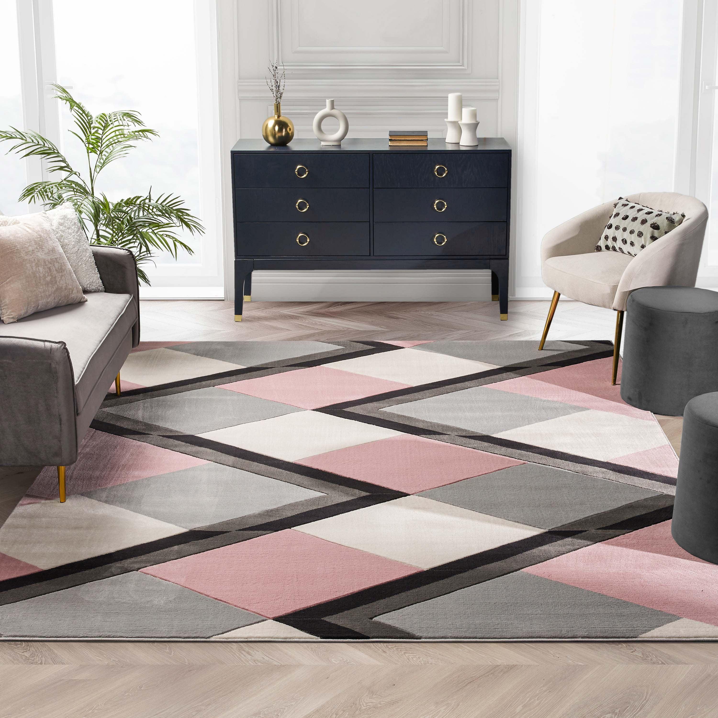 Well Woven Naya Blush Pink Modern Geometric Diamond Boxes Pattern Area Rug 5x7 (5'3" x 7'3")