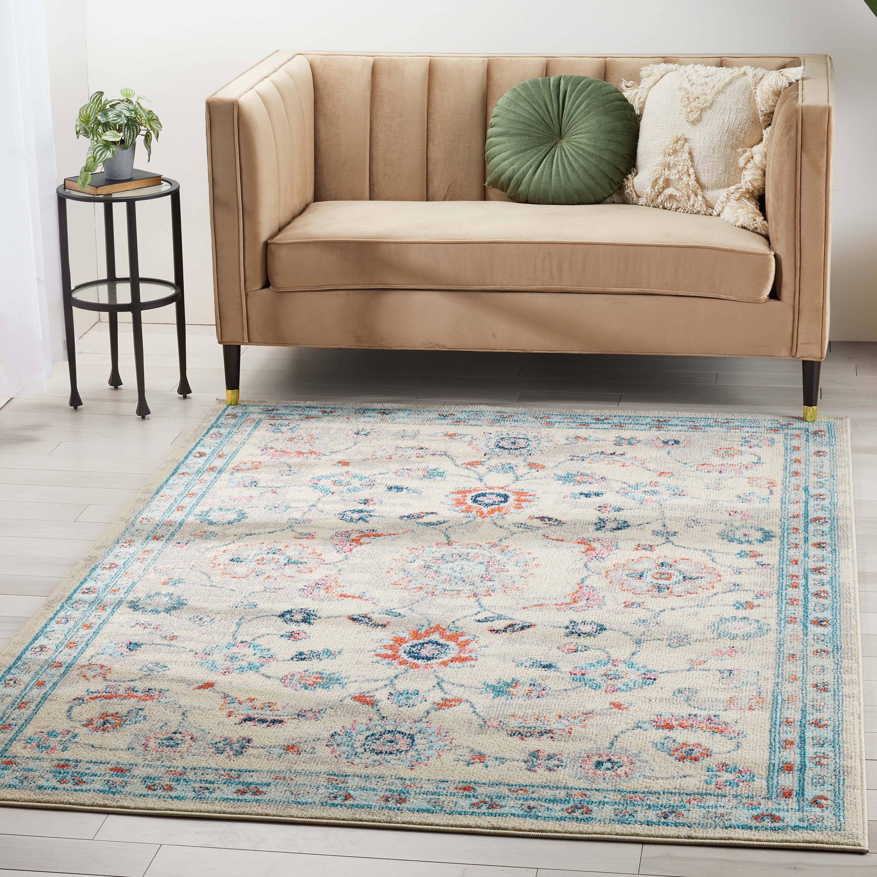 Teal and Beige Oriental 5' x 7' Stain-Resistant Area Rug