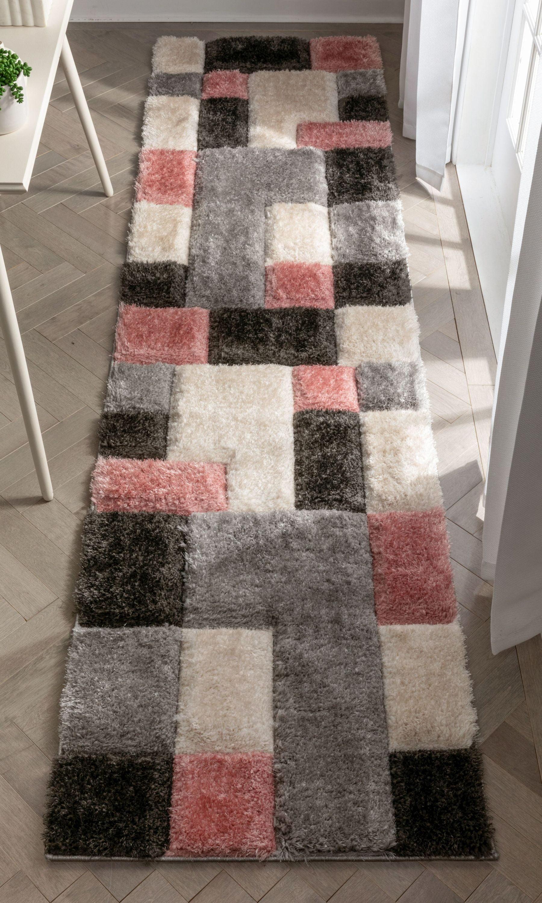 Blush and Gray Geometric Shag Runner Rug