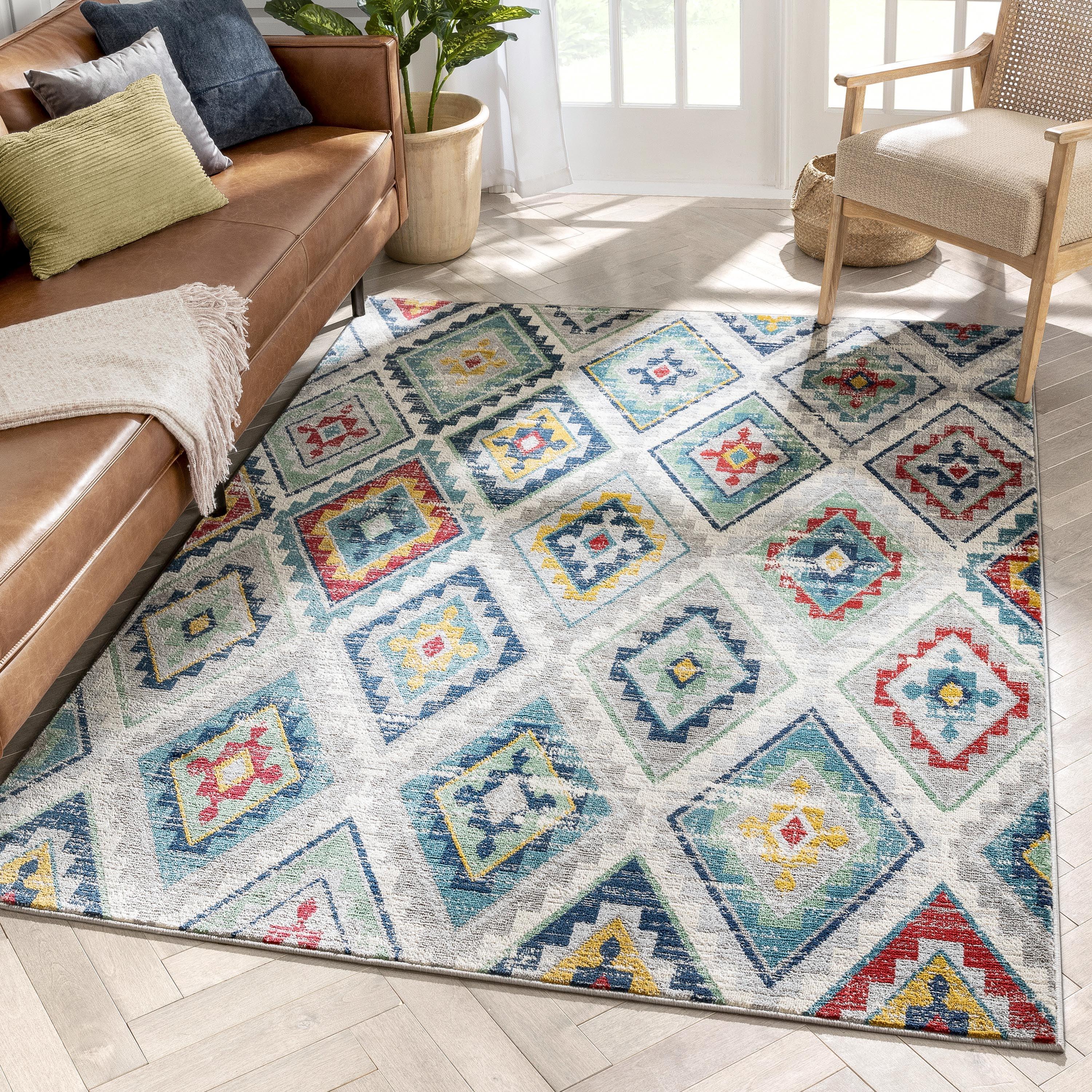 Blue Southwestern Diamond Pattern Reversible Rug, 5' x 7'