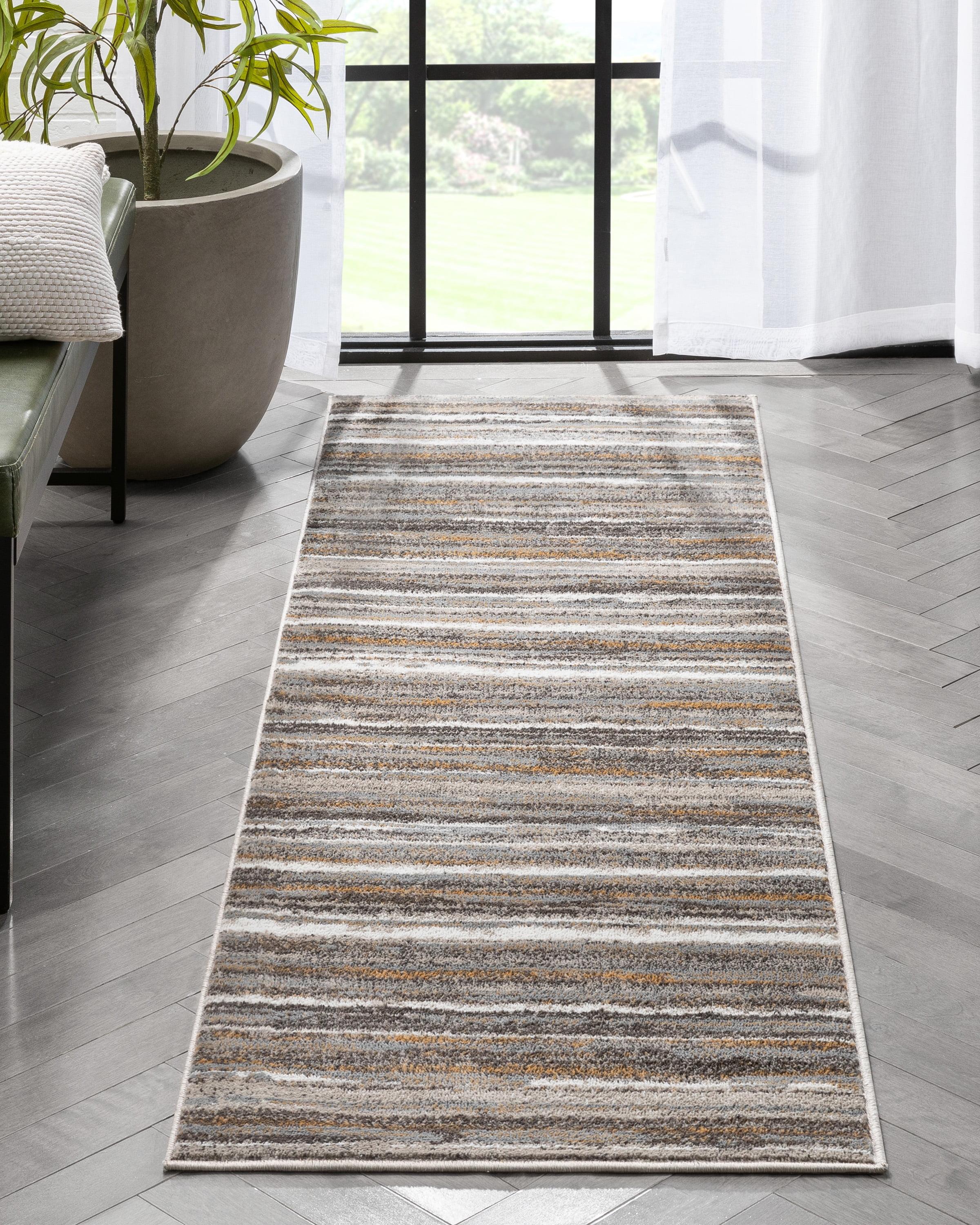 Gray Geometric Striped Polyester Runner Rug