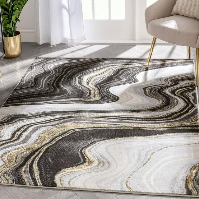 Well Woven Werrick Grey & Gold Striated Marble Pattern Rug 8x10 (7'10" x 9'10")
