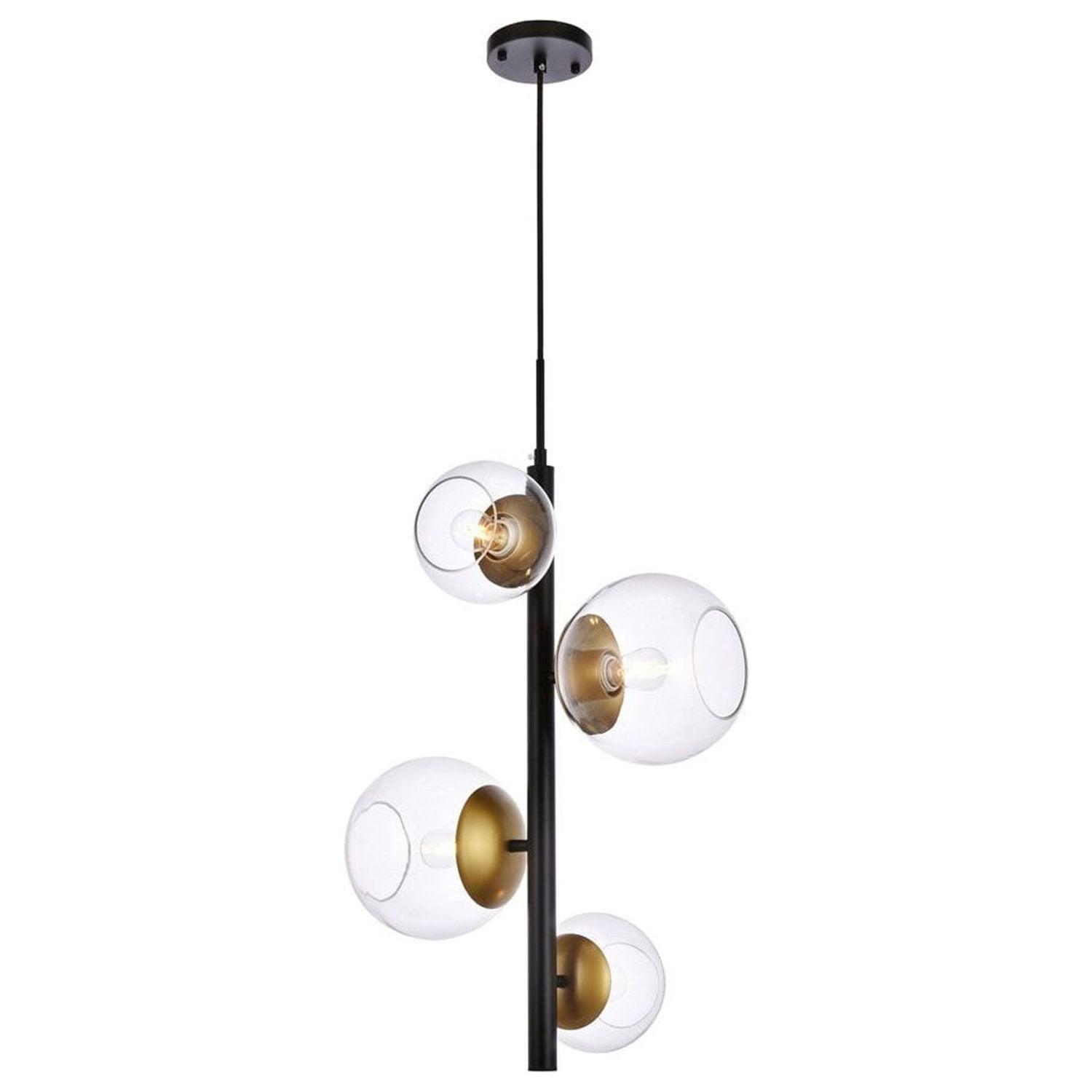 Elegant Lighting Wells 18 inch pendant in black and brass with clear shade