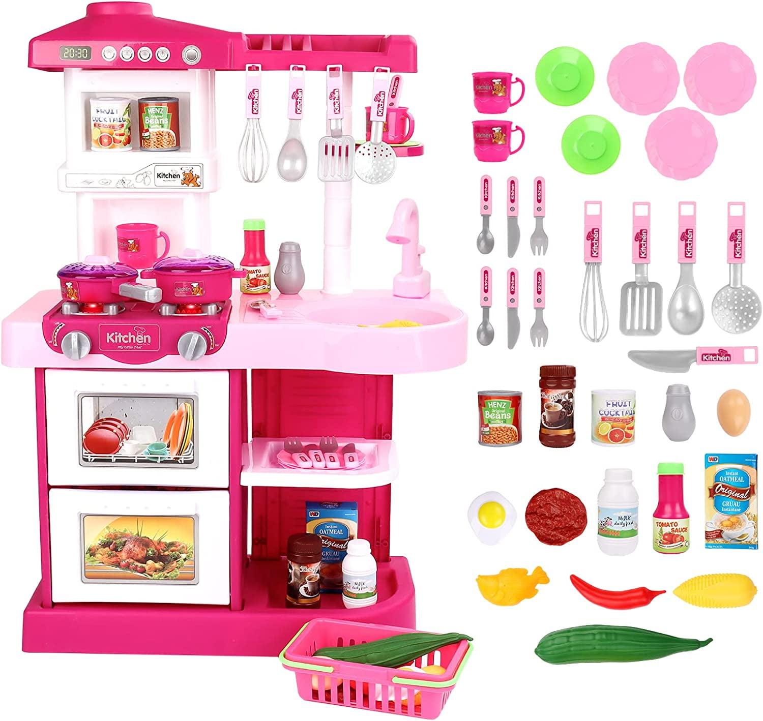 Wellsay Kitchen Playset Toy Pretend Food with Sounds and Lights Role Playing Game Pretend Food Playset for Toddlers,Pink