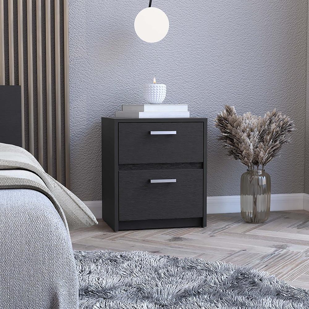 Black Wengue 2-Drawer Nightstand with Metal Handles