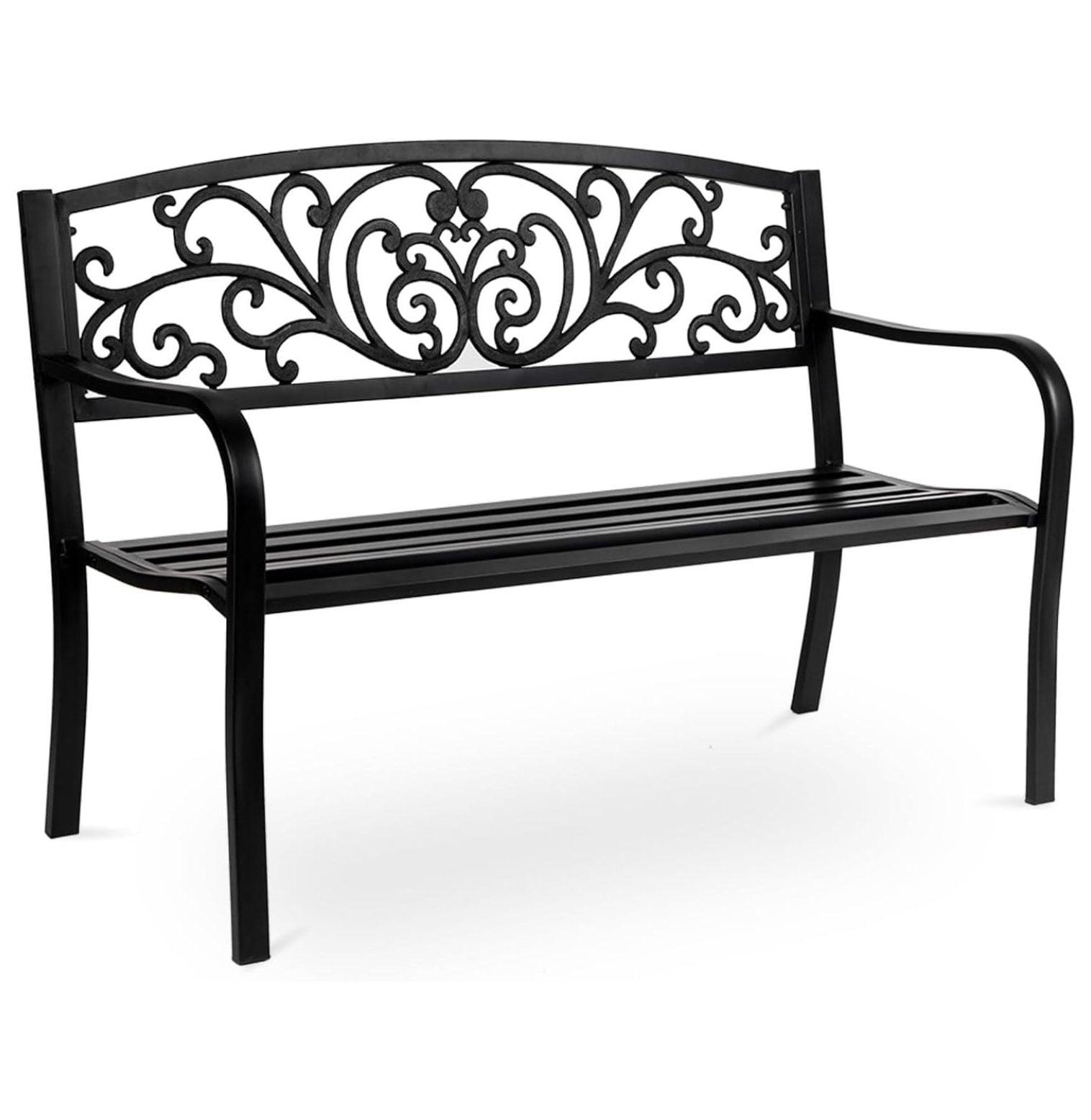 Black Steel Outdoor Bench with Floral Backrest, 52"