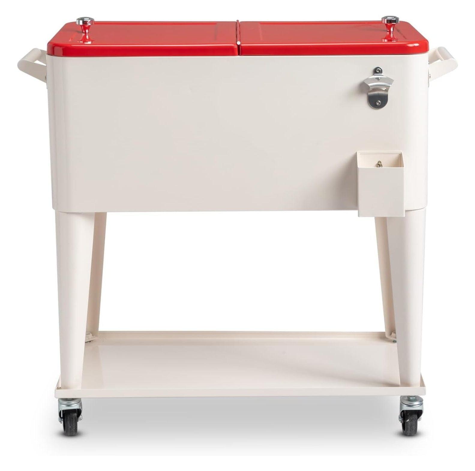 Milk White and Red Metal Rolling Cooler with Wheels