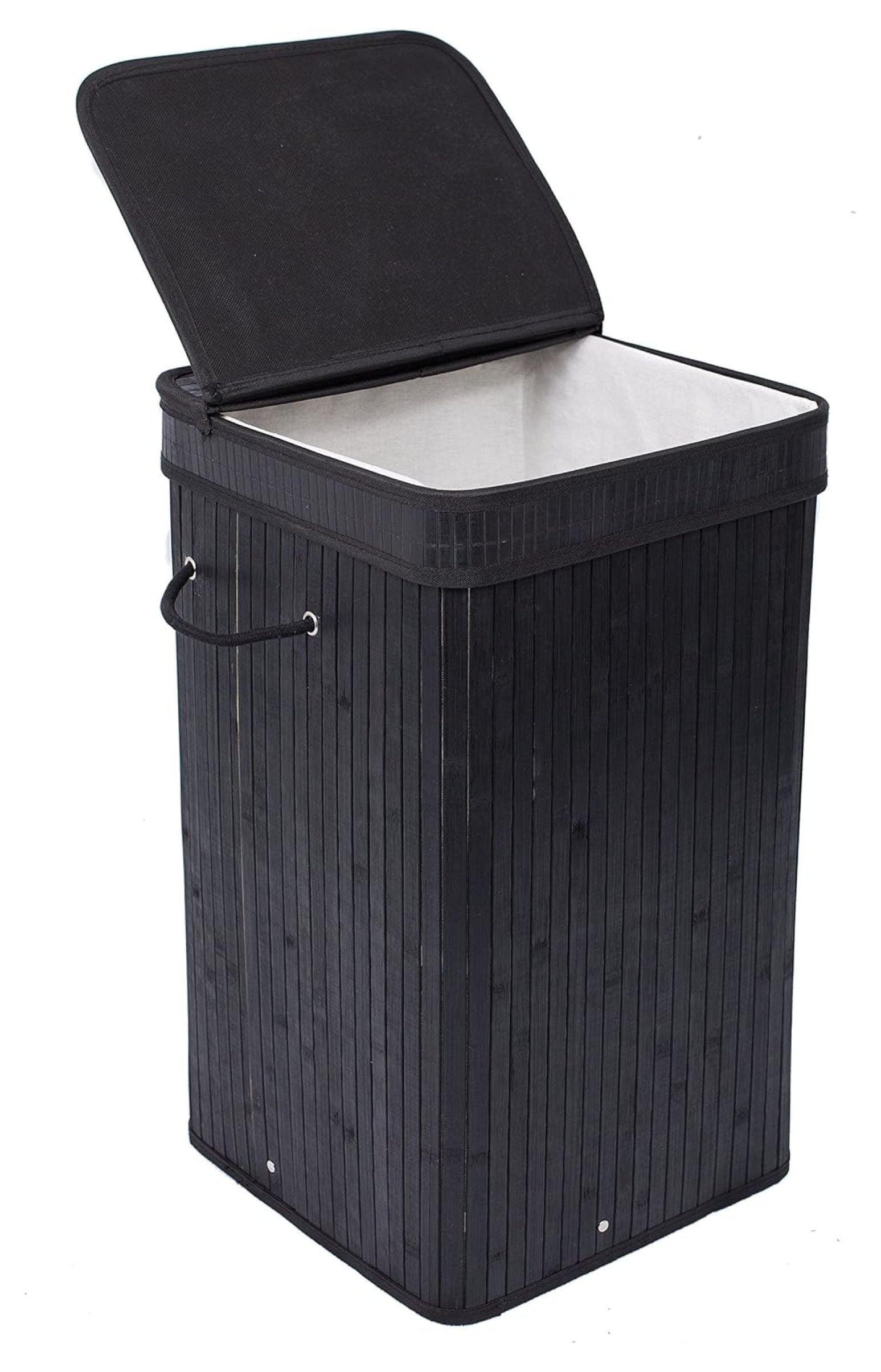 Black Bamboo Foldable Laundry Hamper with Lid and Handles