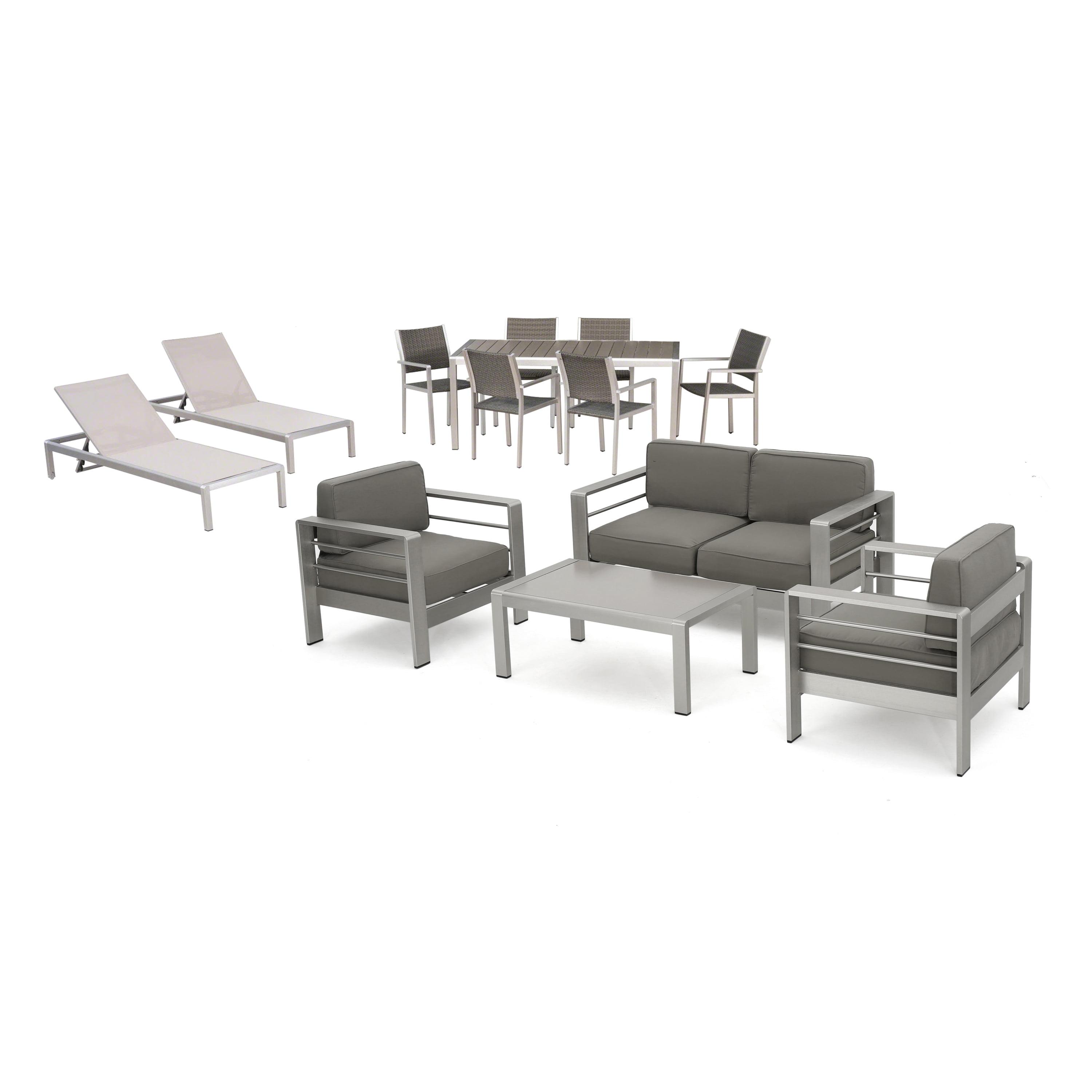 West Coral 7 Piece Dining Set with Faux Wood + 4pc Chat Set + 2 Chaise Lounges