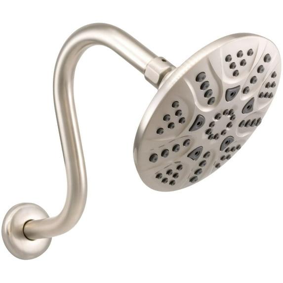 6" Round Thin 5-Function Adjustable Spray Shower Head with 8" S-Shaped Wall Mount Arm
