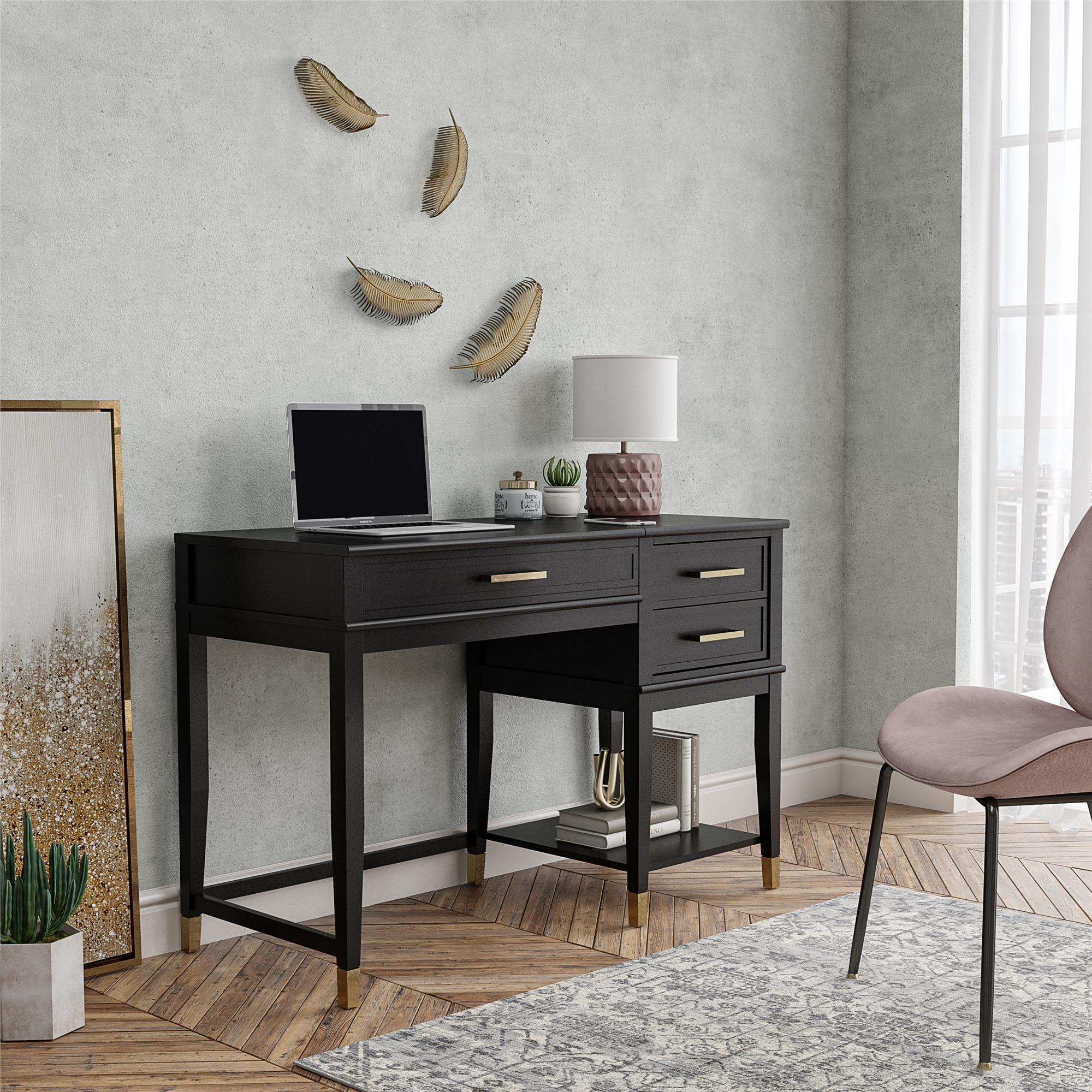 Westerleigh Black Wood Lift-Top Desk with Gold Accents