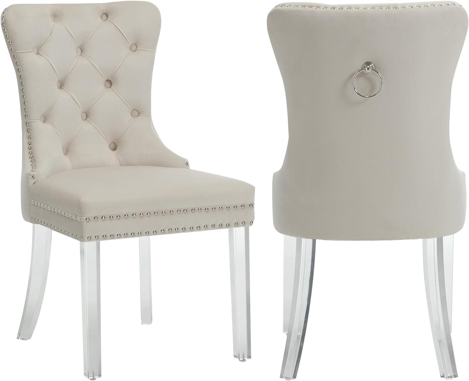 VICBARLEY Velvet Dining Chair Set of 2 Upholstered Tufted Dining Room Chair with Nailhead Trim and Stainless Steel Silver Plated Legs for Kitchen, Restaurant, Beige